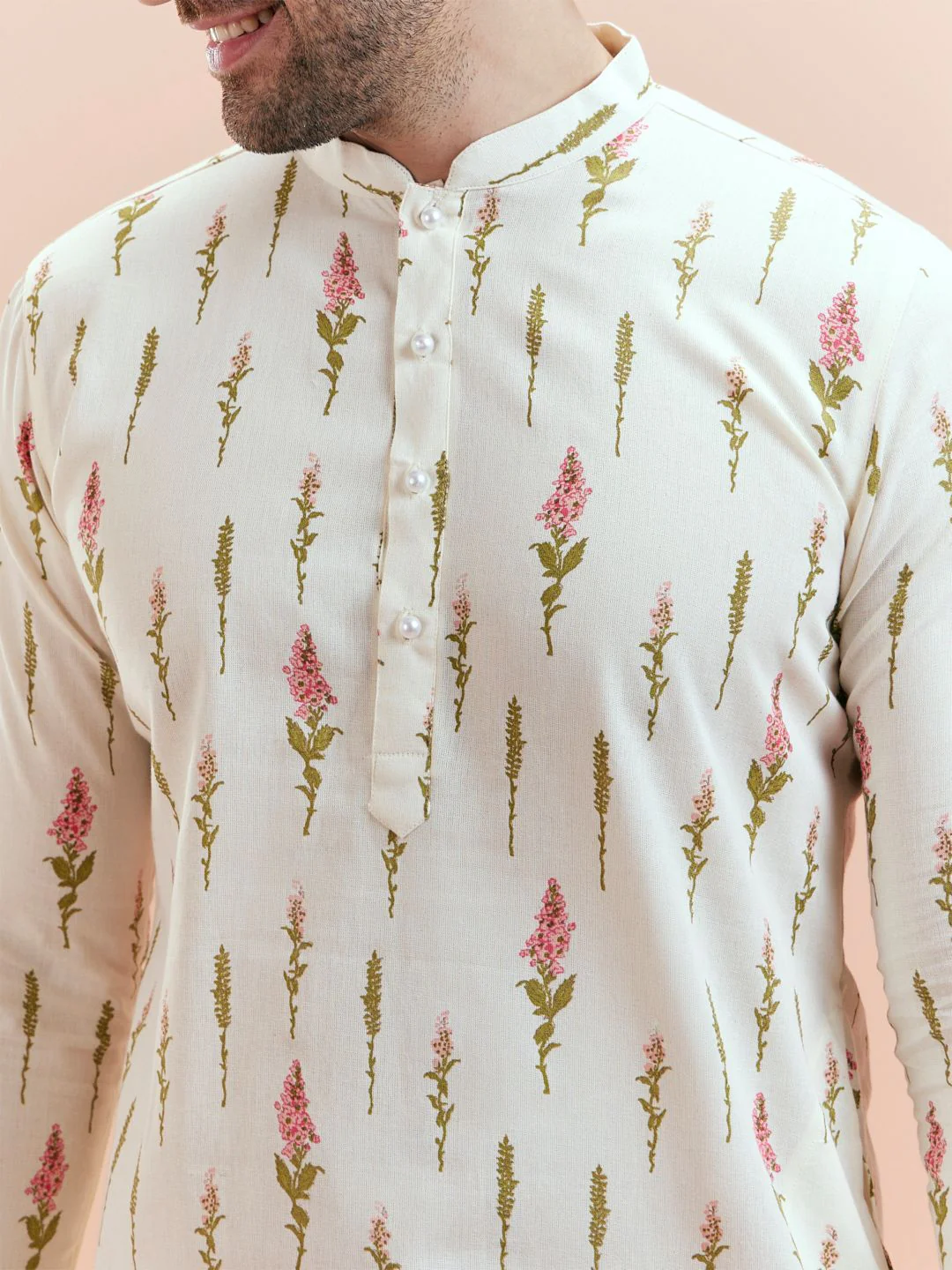KISAH Men Cream-Coloured & Pink Floral Kurta - Image 3