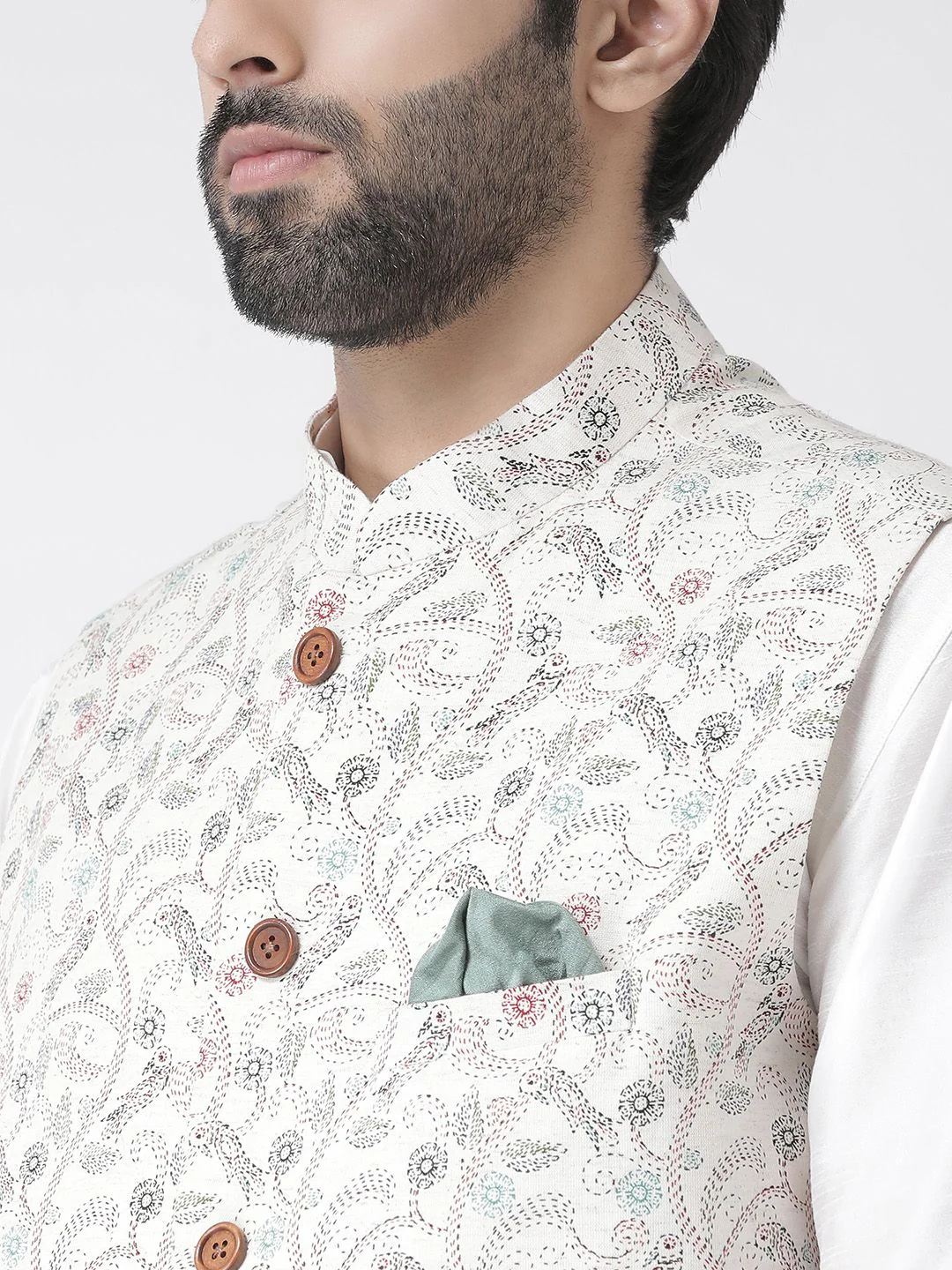 KISAH Men Cream-Coloured & Red Printed Pure Cotton Nehru Jacket - Image 2