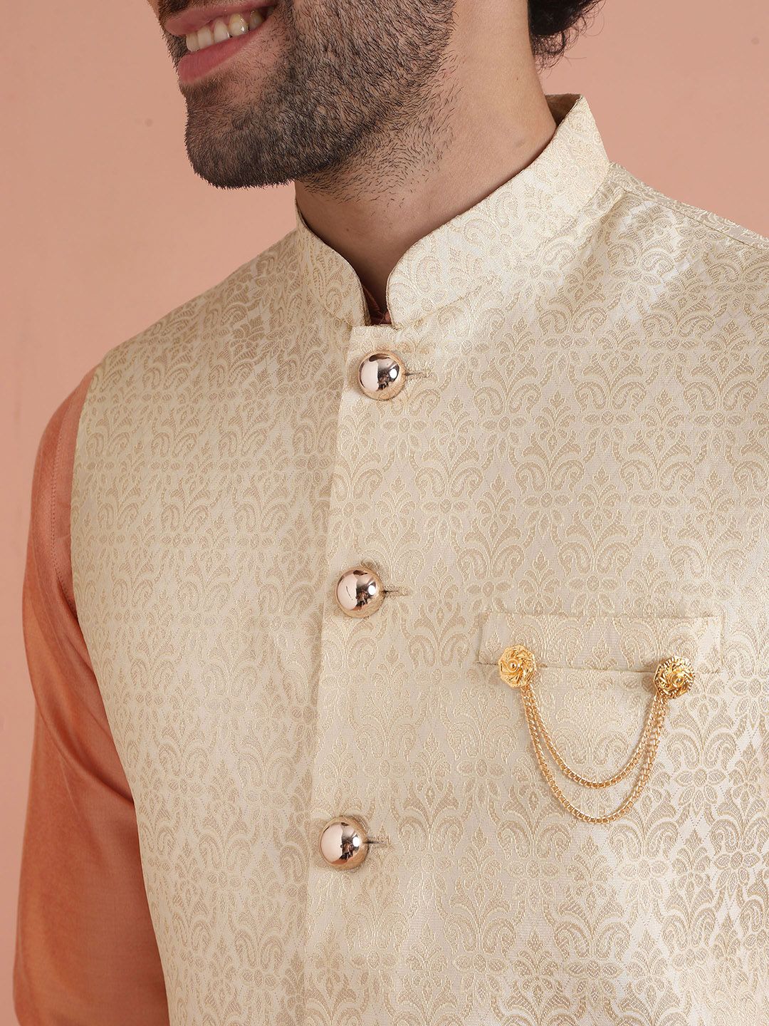 KISAH Men Ethnic Motifs Mandarin Collar Woven Design Nehru Jacket - Image 5