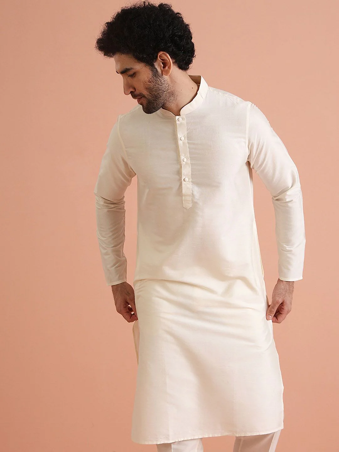 KISAH Men Mandarin Collar Regular Solid Kurta Trouser Set - Image 2