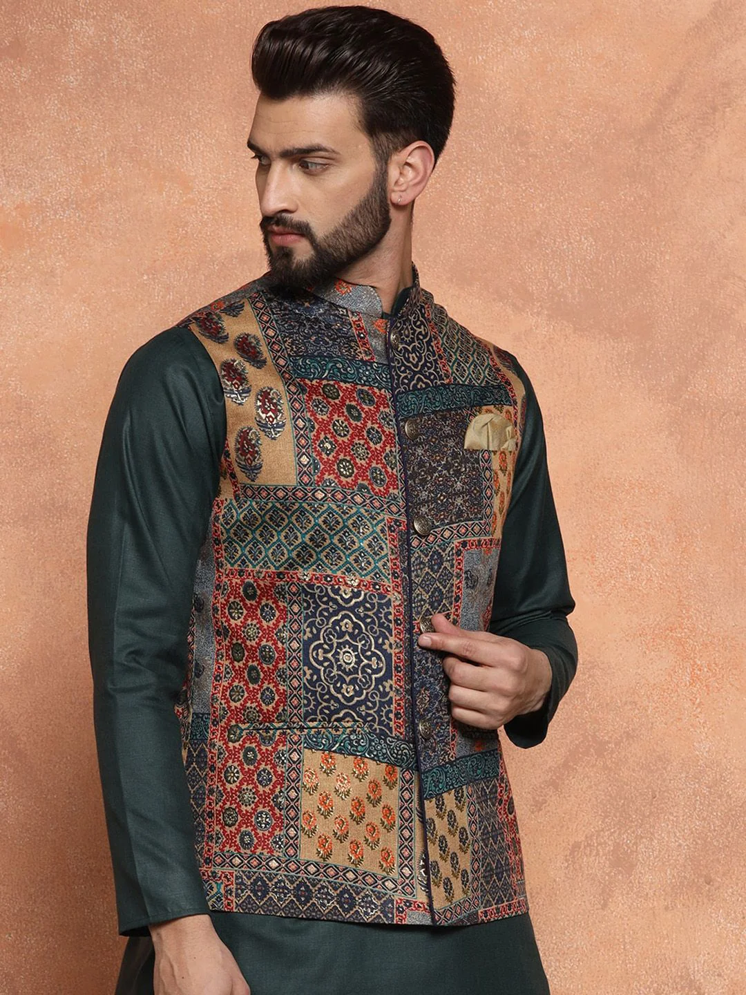 KISAH Men Printed Zari  Regular Fit Nehru Jacket - Image 3