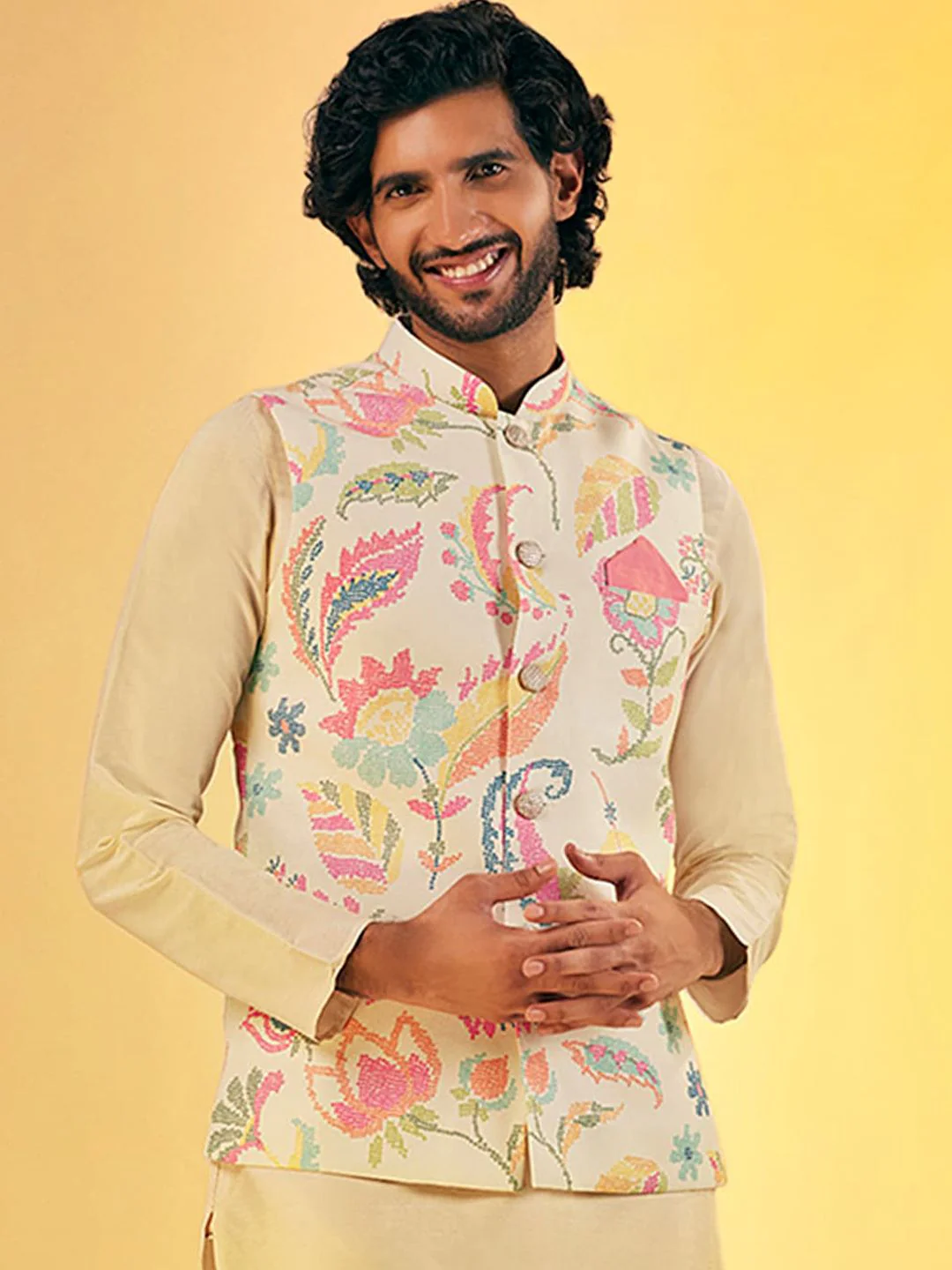 KISAH Men Printed Zari Regular Fit Nehru Jacket