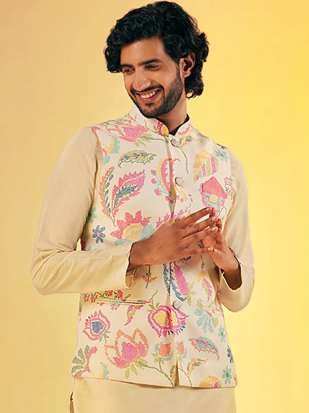 KISAH Men Printed Zari Regular Fit Nehru Jacket - Image 3