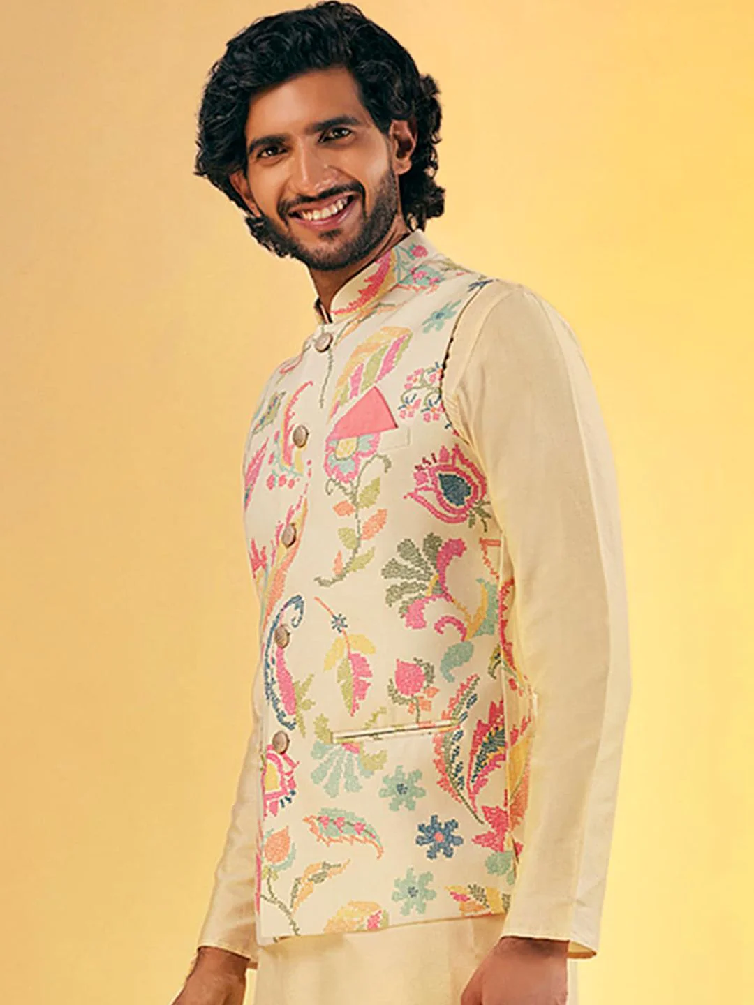 KISAH Men Printed Zari Regular Fit Nehru Jacket - Image 4
