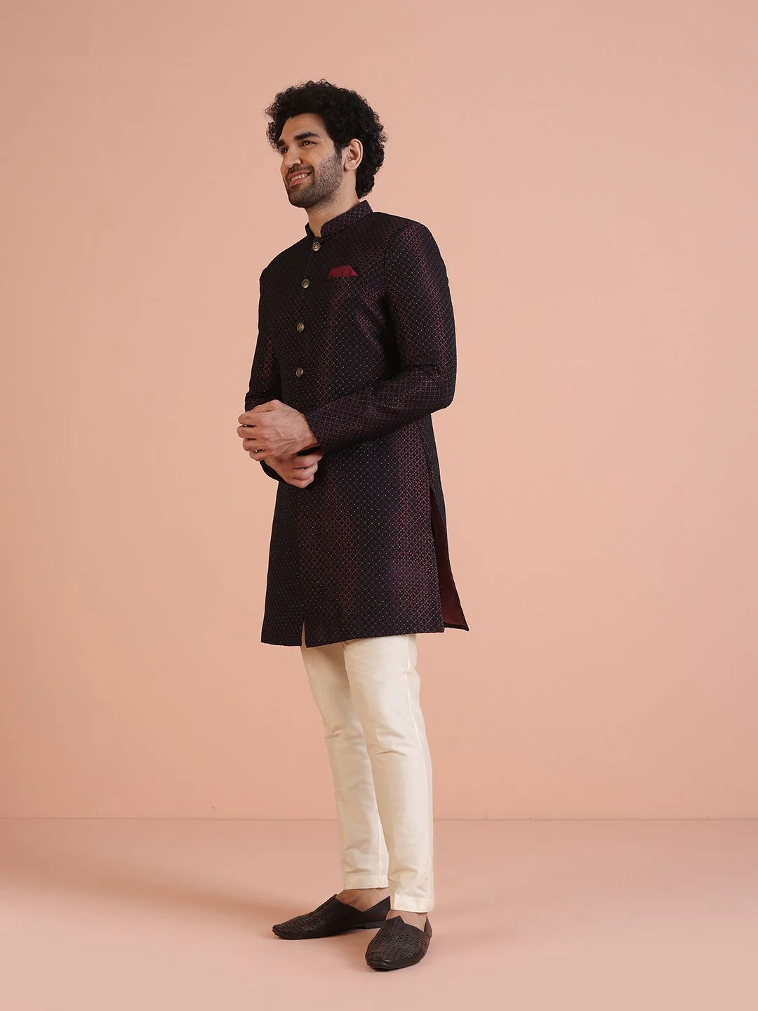 KISAH Men Self-Design Cotton Indowestern Sherwani Trouser Set - Image 4