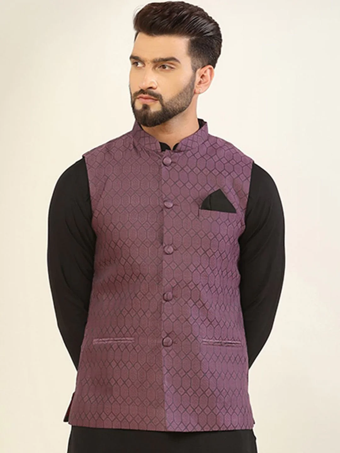 KISAH Men Woven Jacquard Zari Regular Fit Nehru Jacket