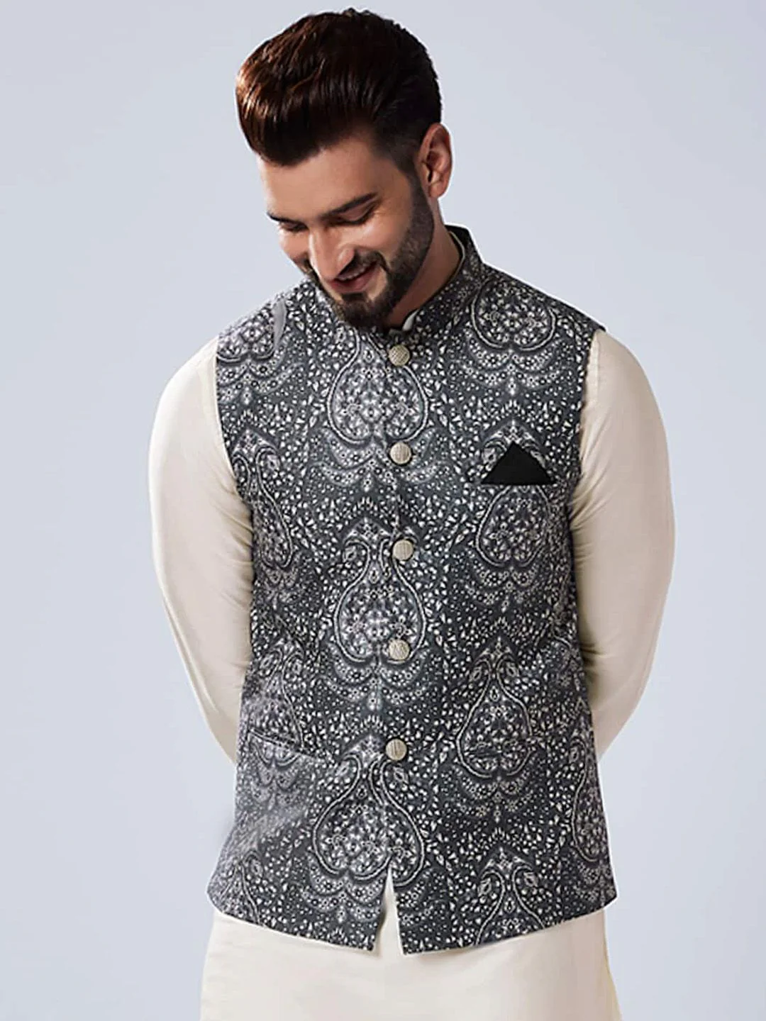 KISAH Printed Mandarin Collar Nehru Jacket - Image 3
