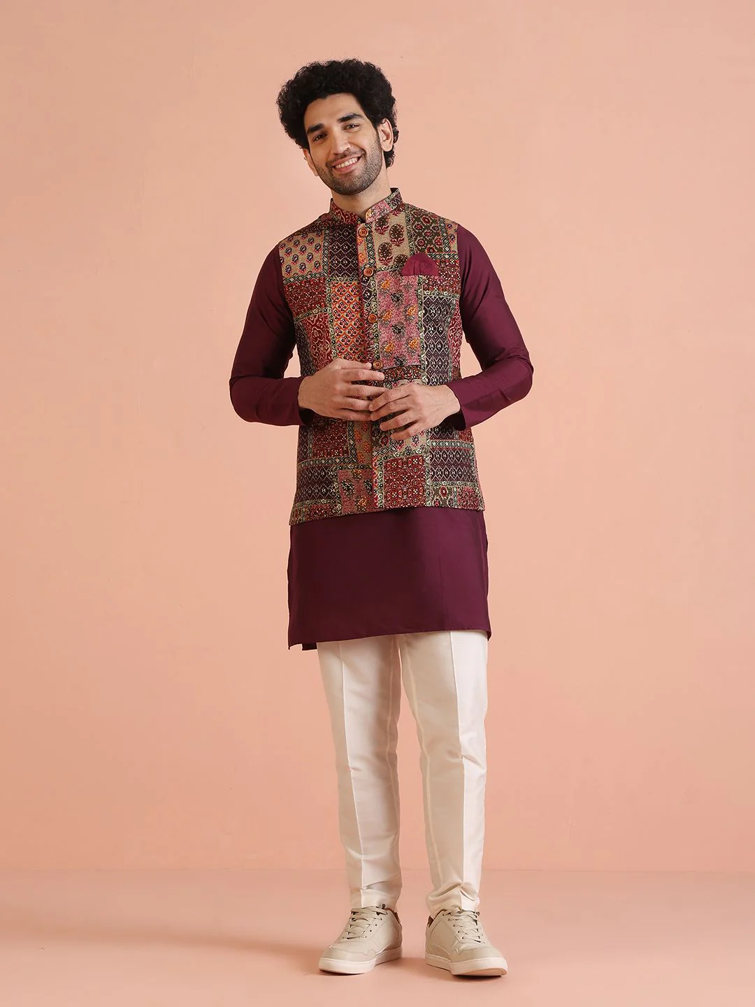 KISAH Printed Nehru Jackets With Pocket Square - Image 2