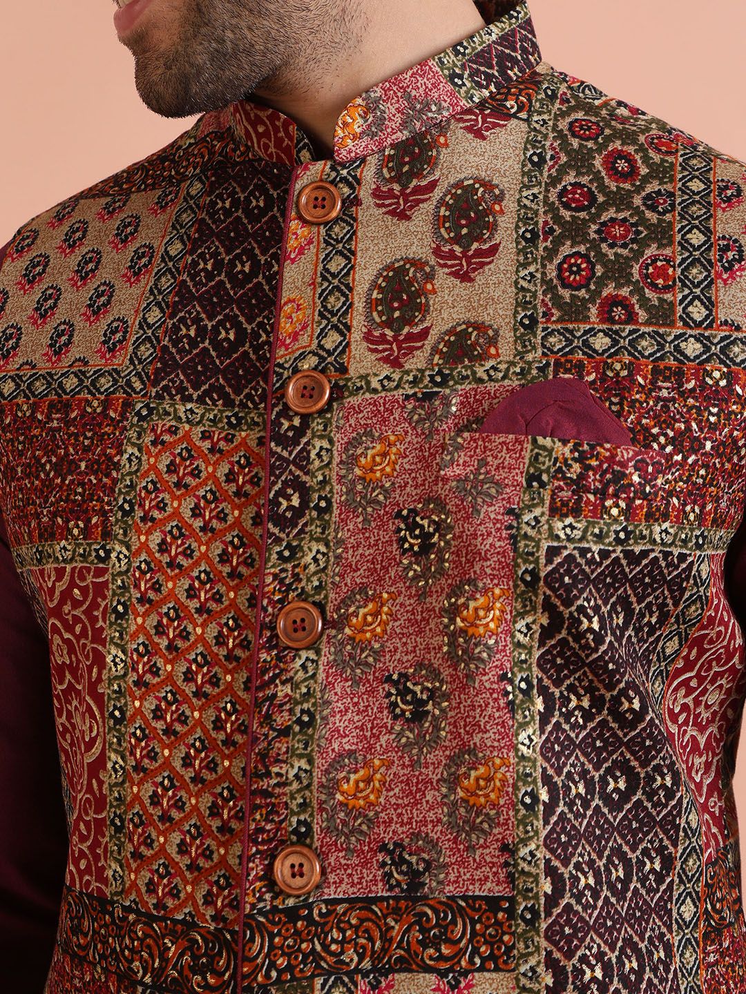 KISAH Printed Nehru Jackets With Pocket Square - Image 3