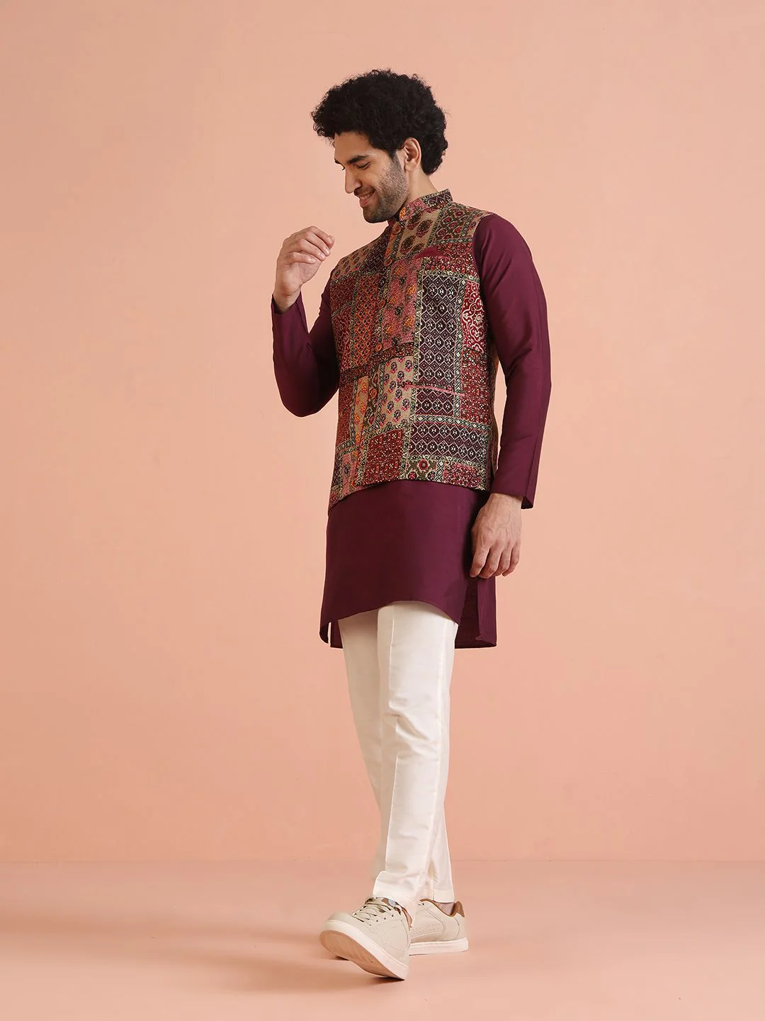 KISAH Printed Nehru Jackets With Pocket Square - Image 4