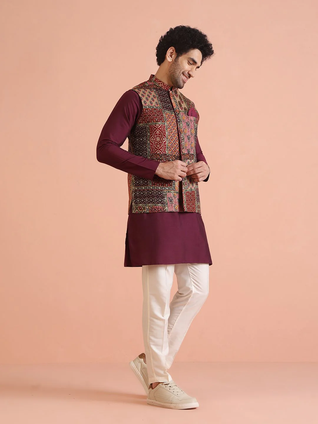 KISAH Printed Nehru Jackets With Pocket Square - Image 5