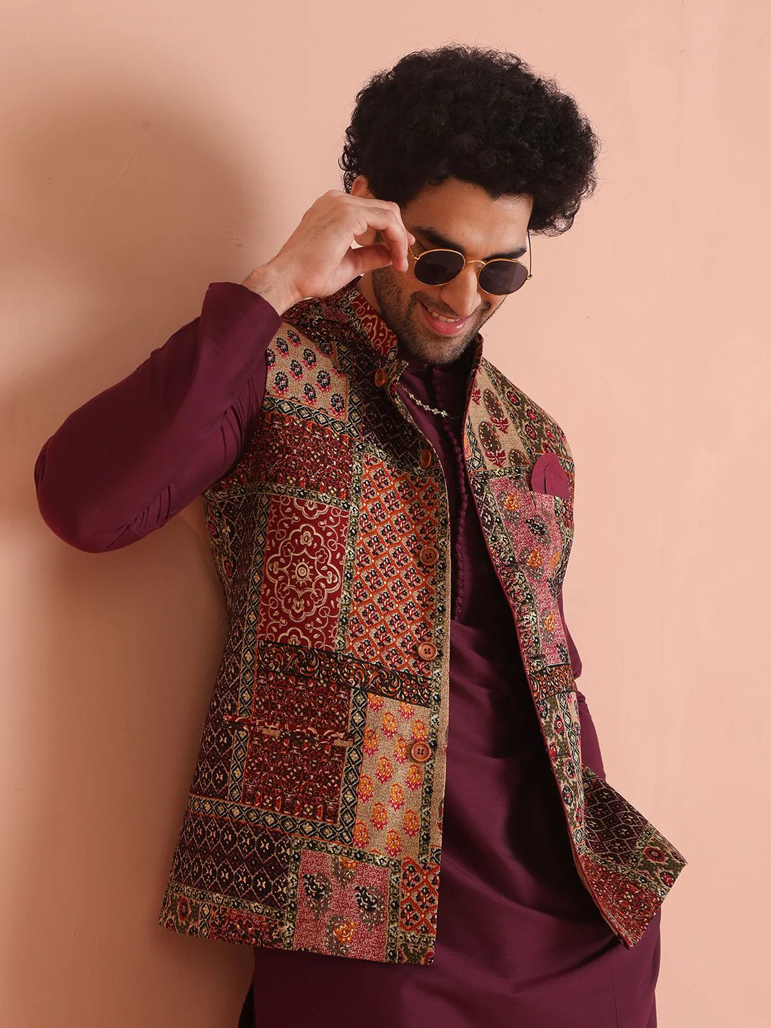 KISAH Printed Nehru Jackets With Pocket Square - Image 7