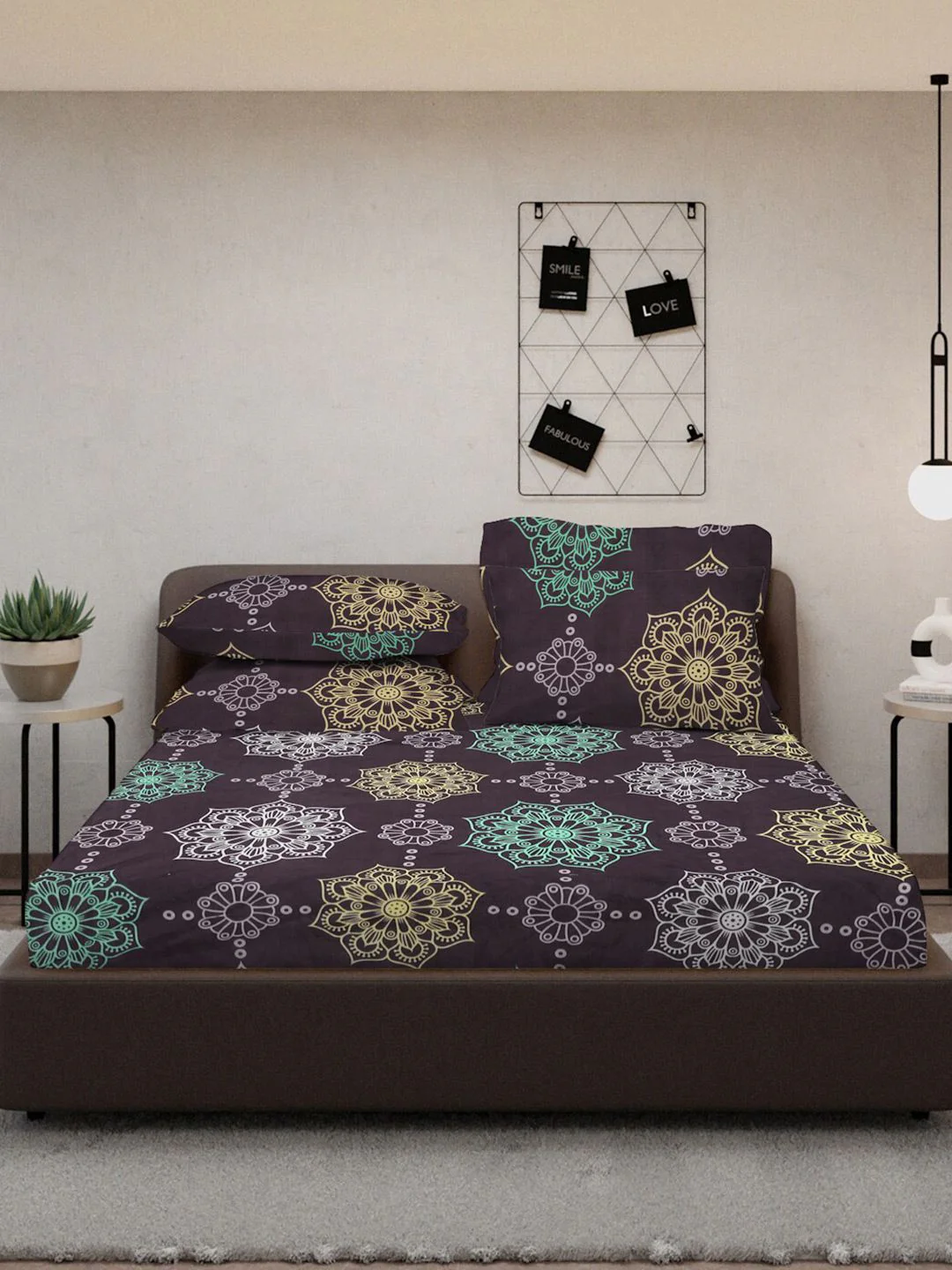 KLOTTHE Black Ethnic Motifs Printed 300TC Fitted Double King Bedsheet With 4 Pillow Cover - Image 2