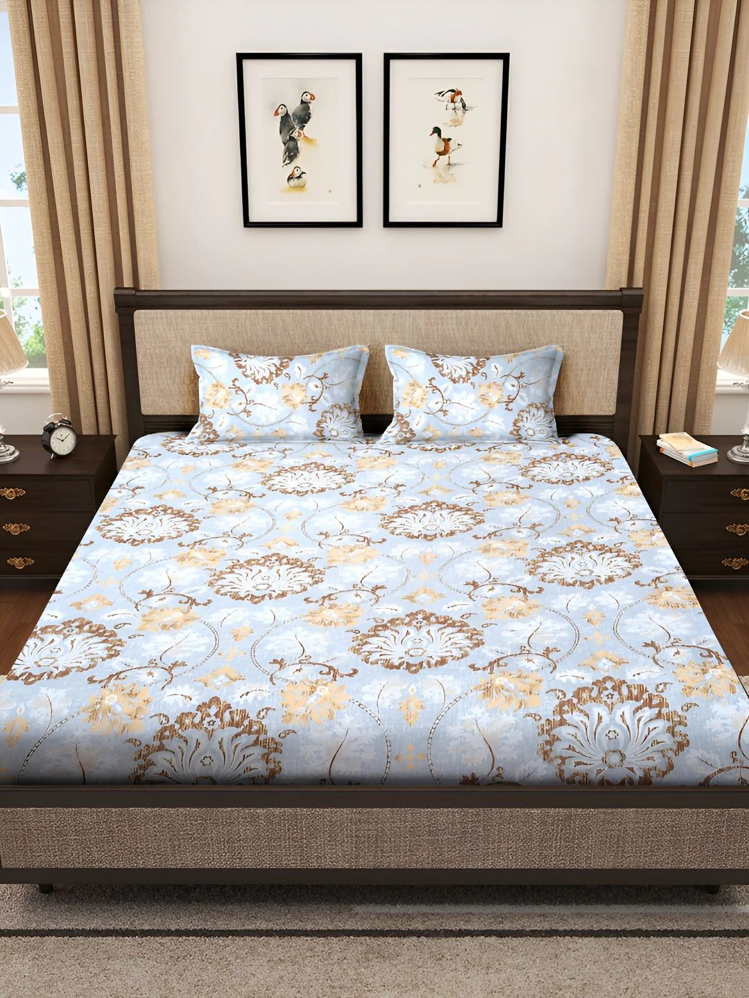 KLOTTHE Blue & Brown Floral Printed 300 TC Double King Bedsheet With 2 Pillow Covers - Image 2