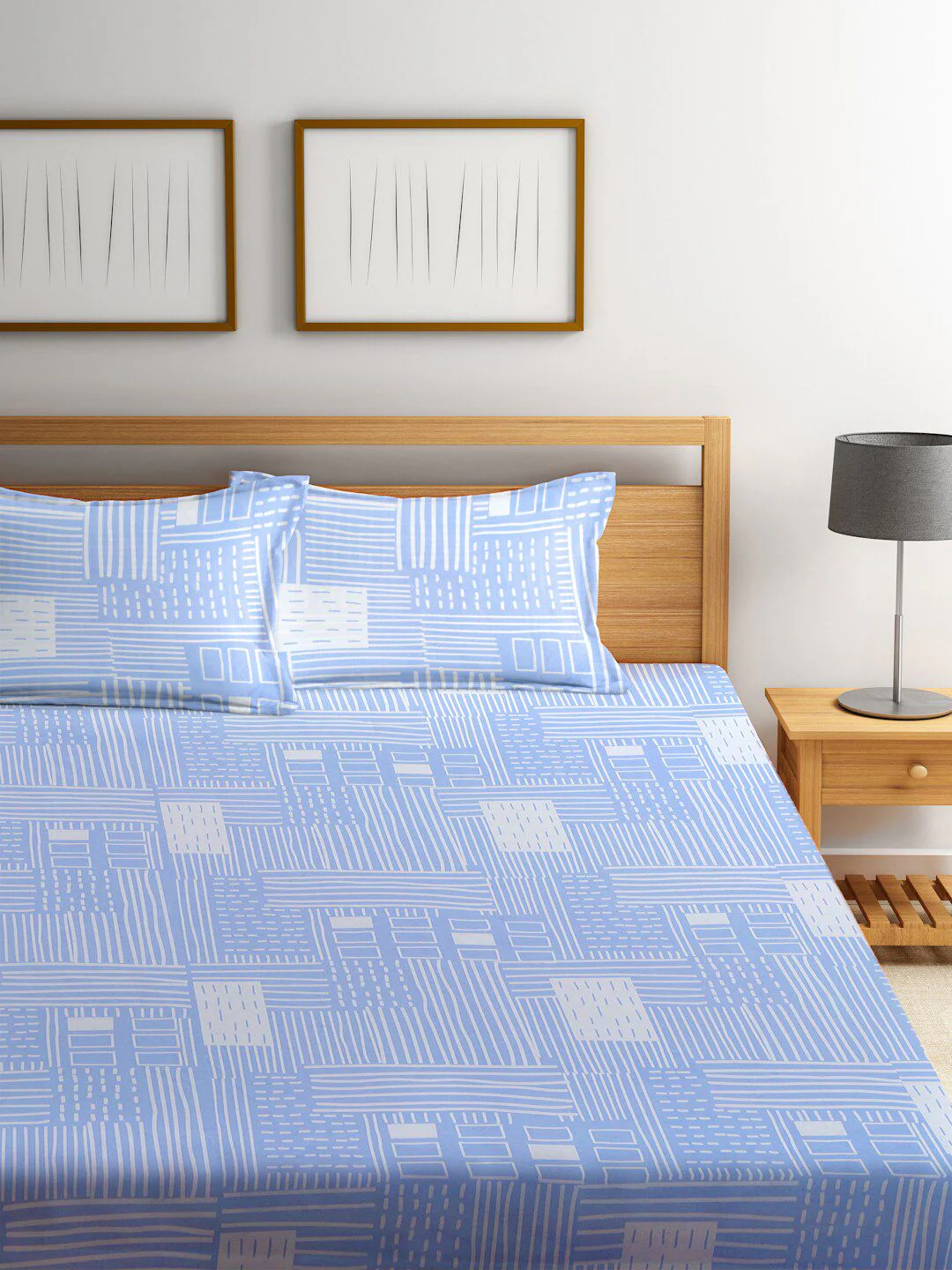 KLOTTHE Blue Geometric Patterned 300 TC Fitted King Bedsheet With 2 Pillow Covers - Image 2