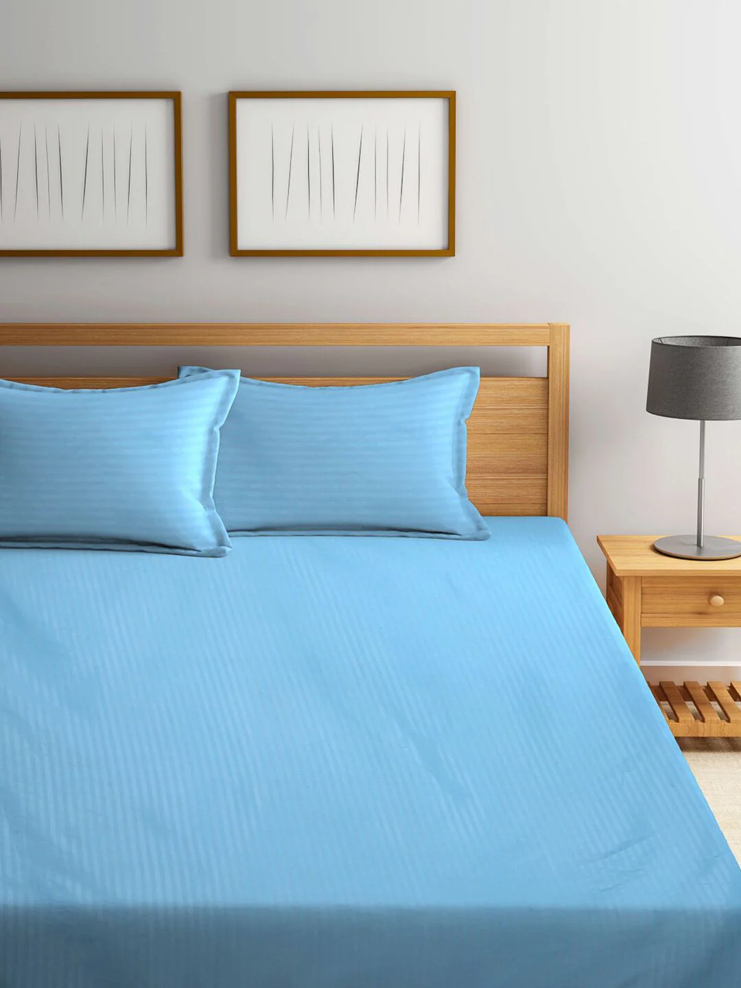 KLOTTHE Blue Striped 300 TC Fitted Super king Double Bedsheet with 2 Pillow Covers - Image 2