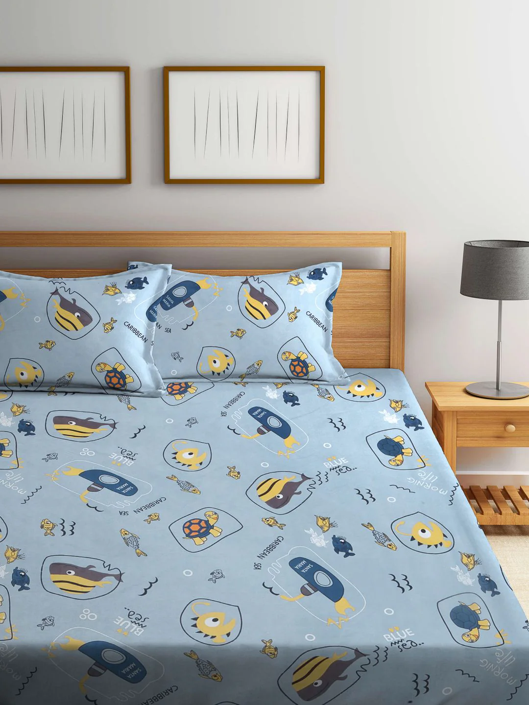 KLOTTHE Blue & Yellow Graphic 300 TC Fitted Double Bedsheet with 2 Pillow Covers - Image 2