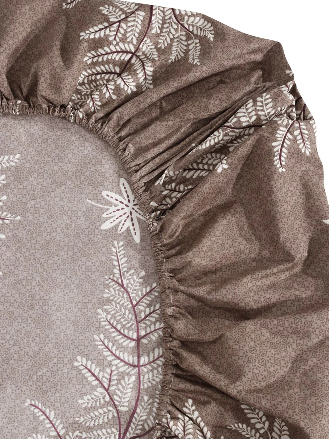 KLOTTHE Brown & White Floral Printed 300 TC Fitted Double King Bedsheet & 4 Pillow Cover - Image 6