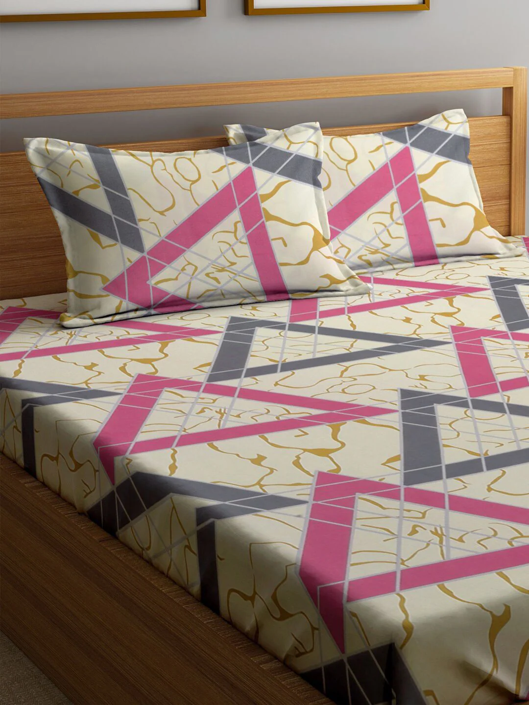 KLOTTHE Cream & Pink Printed 300TC Fitted Double King Bedsheet With 2 Pillow Covers - Image 3