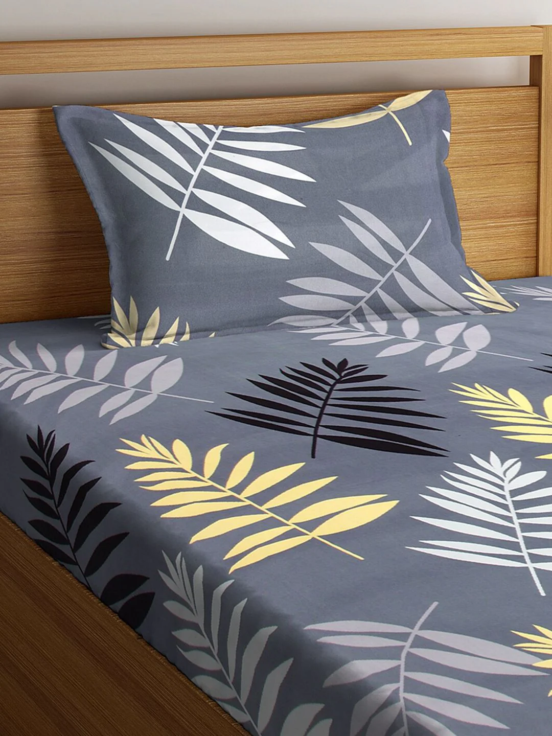 KLOTTHE Grey Floral 300 TC  Elasticated Single Bedsheet with Pillow Cover - Image 3
