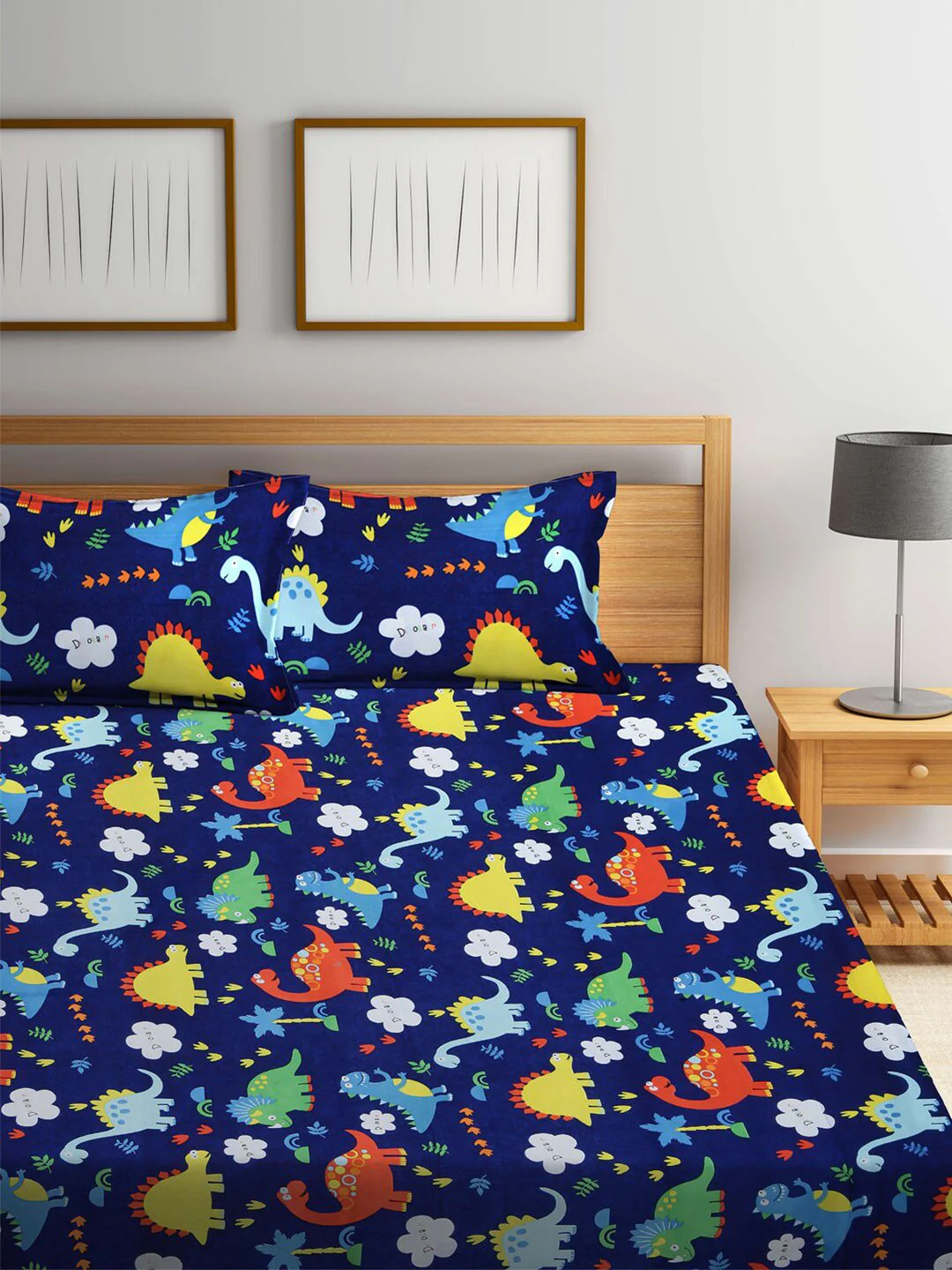 KLOTTHE Kids Blue Print 300 TC Cotton Blend Double King Bed Sheet with 2 Pillow Covers - Image 2