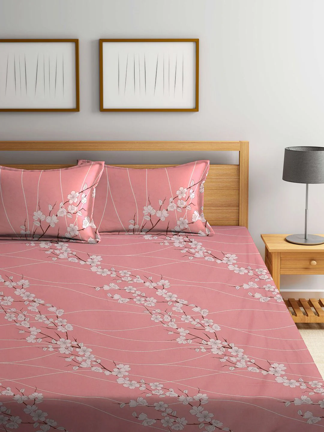 KLOTTHE Pink & White Floral-Printed 130 GSM Pure-Cotton Fitted Double King Bedsheet Set - Image 2