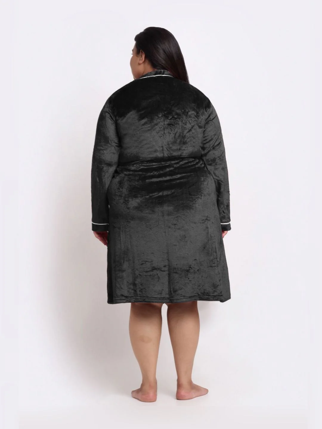 KLOTTHE Plus Size Black Woollen Long Sleeves Bath Robe With Belt - Image 3