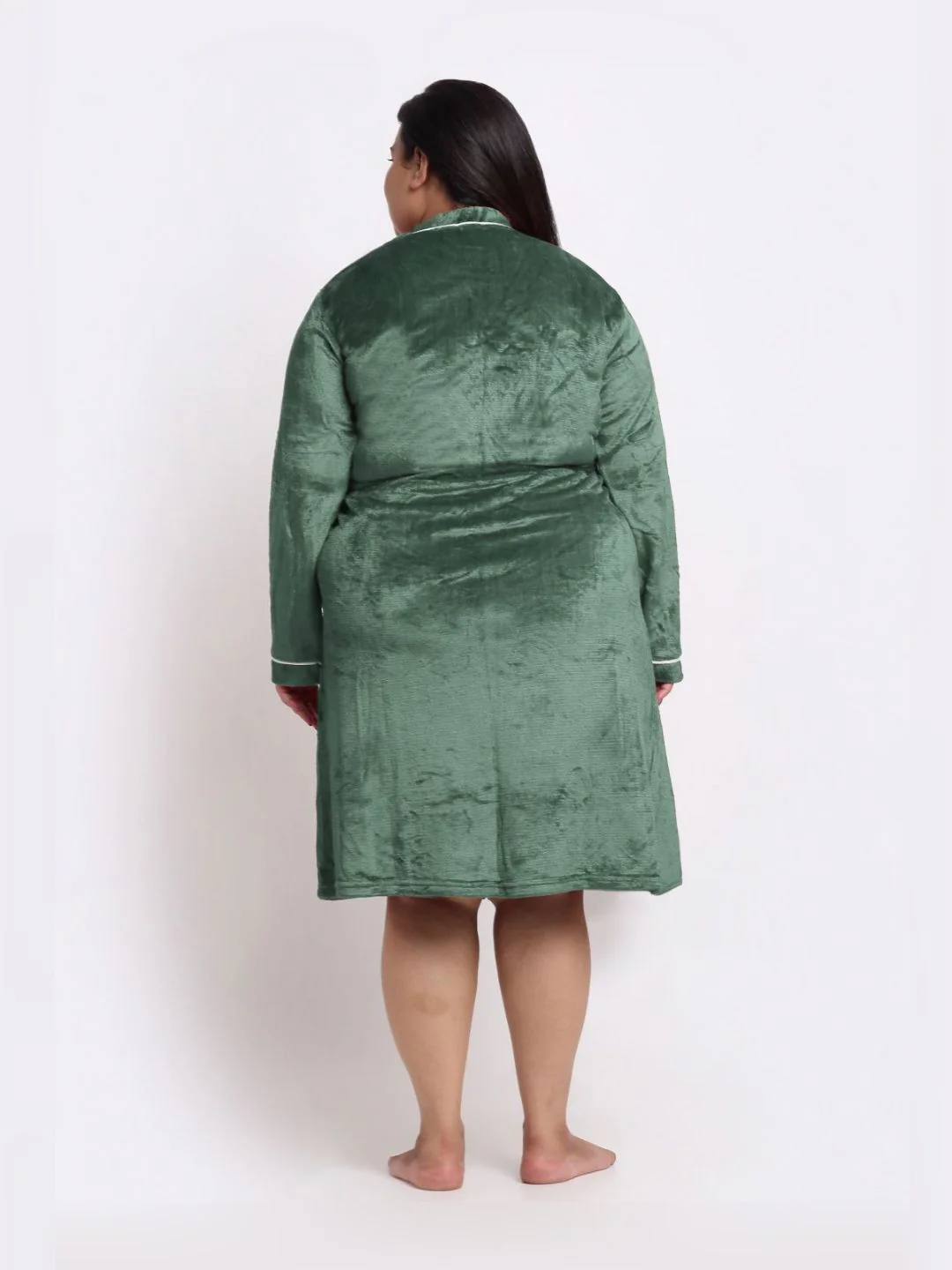 KLOTTHE Plus Size Green Woolen Long Sleeves Bath Robe With Belt - Image 3