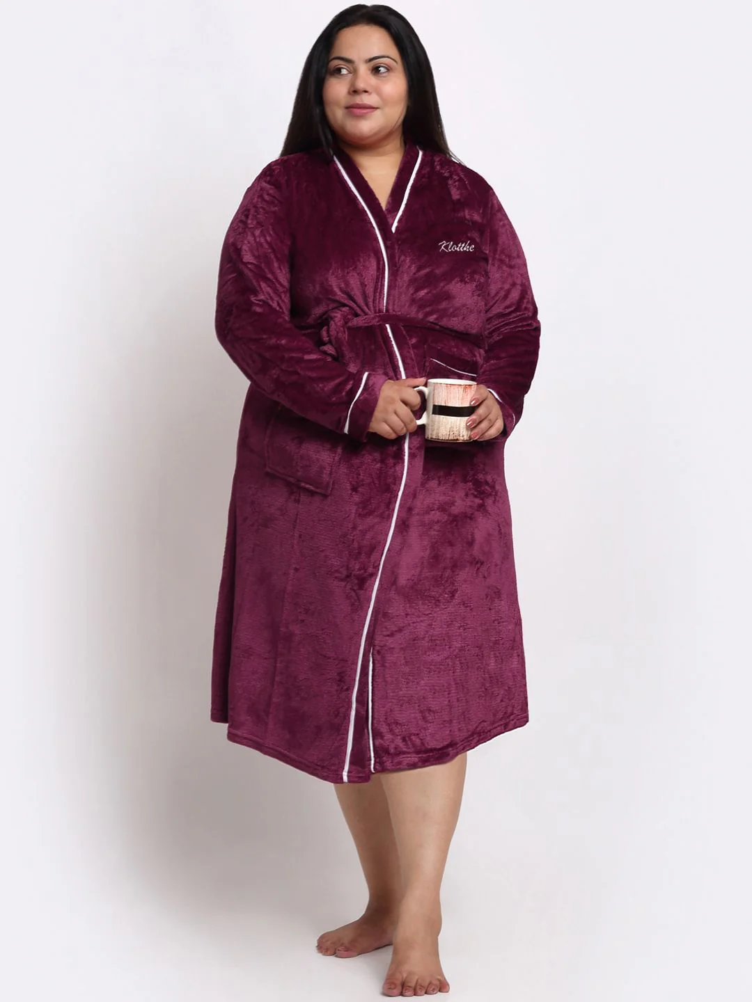 KLOTTHE Plus Size Long Sleeved Wool Bath Robe With Belt - Image 4