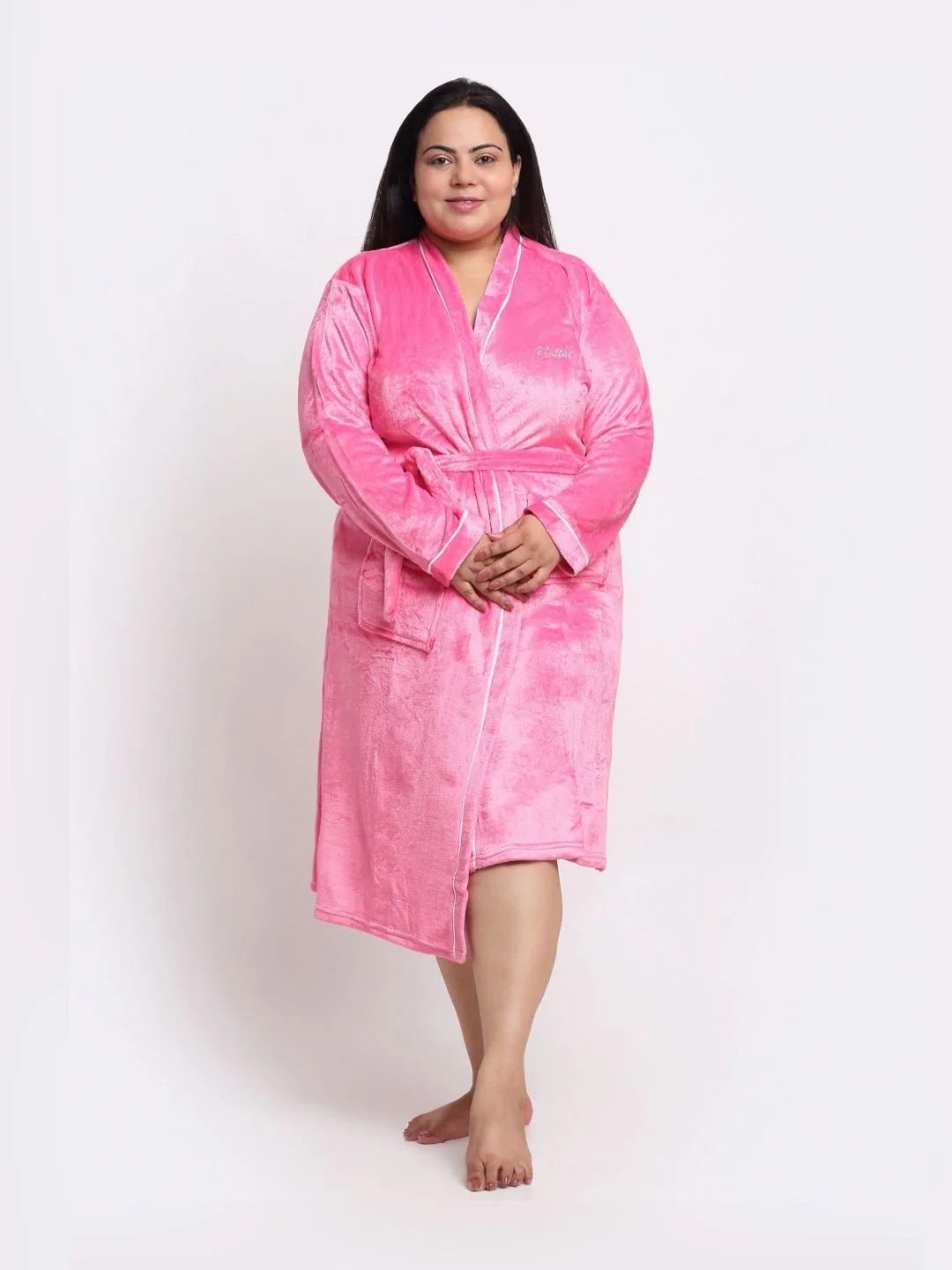 KLOTTHE Plus Size Pink Woollen Long Sleeves Bath Robe With Belt