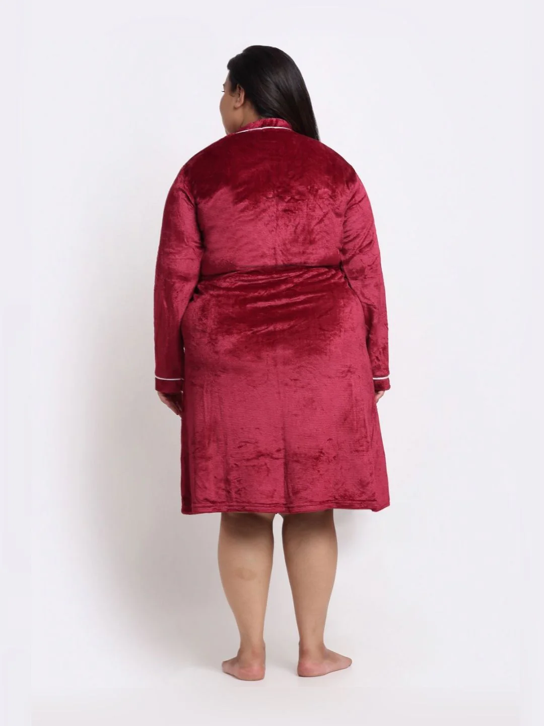 KLOTTHE Plus Size Red & White Woollen Bath Robe With Belt - Image 3