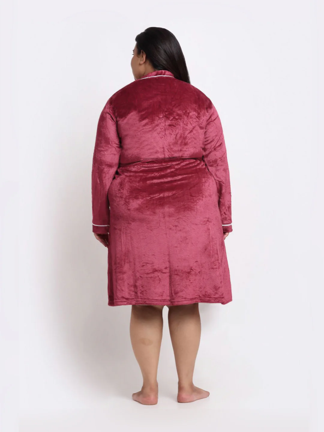 KLOTTHE Plus Size Red Woollen Long Sleeves Bath Robe With Belt - Image 3
