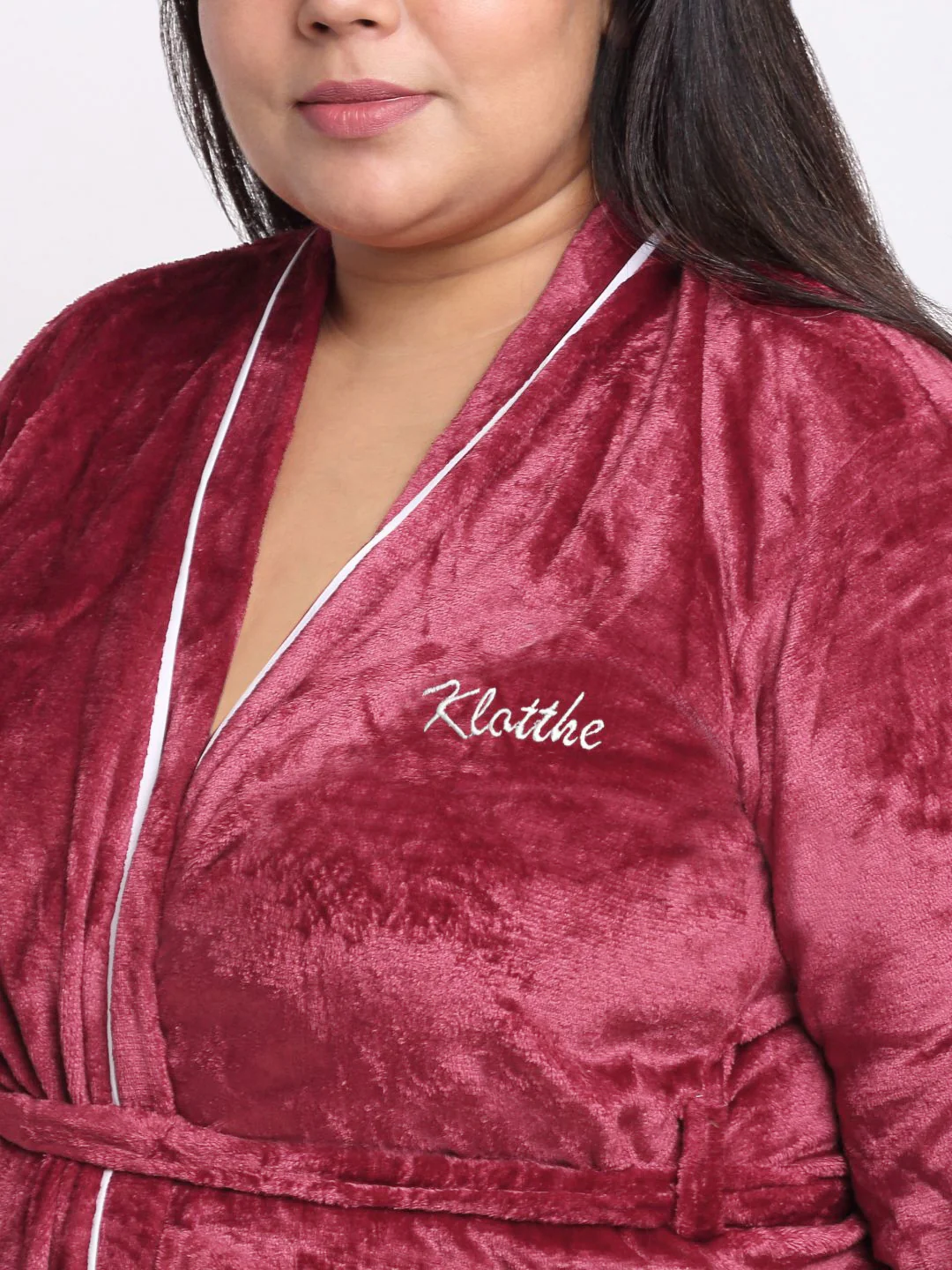 KLOTTHE Plus Size Red Woollen Long Sleeves Bath Robe With Belt - Image 4