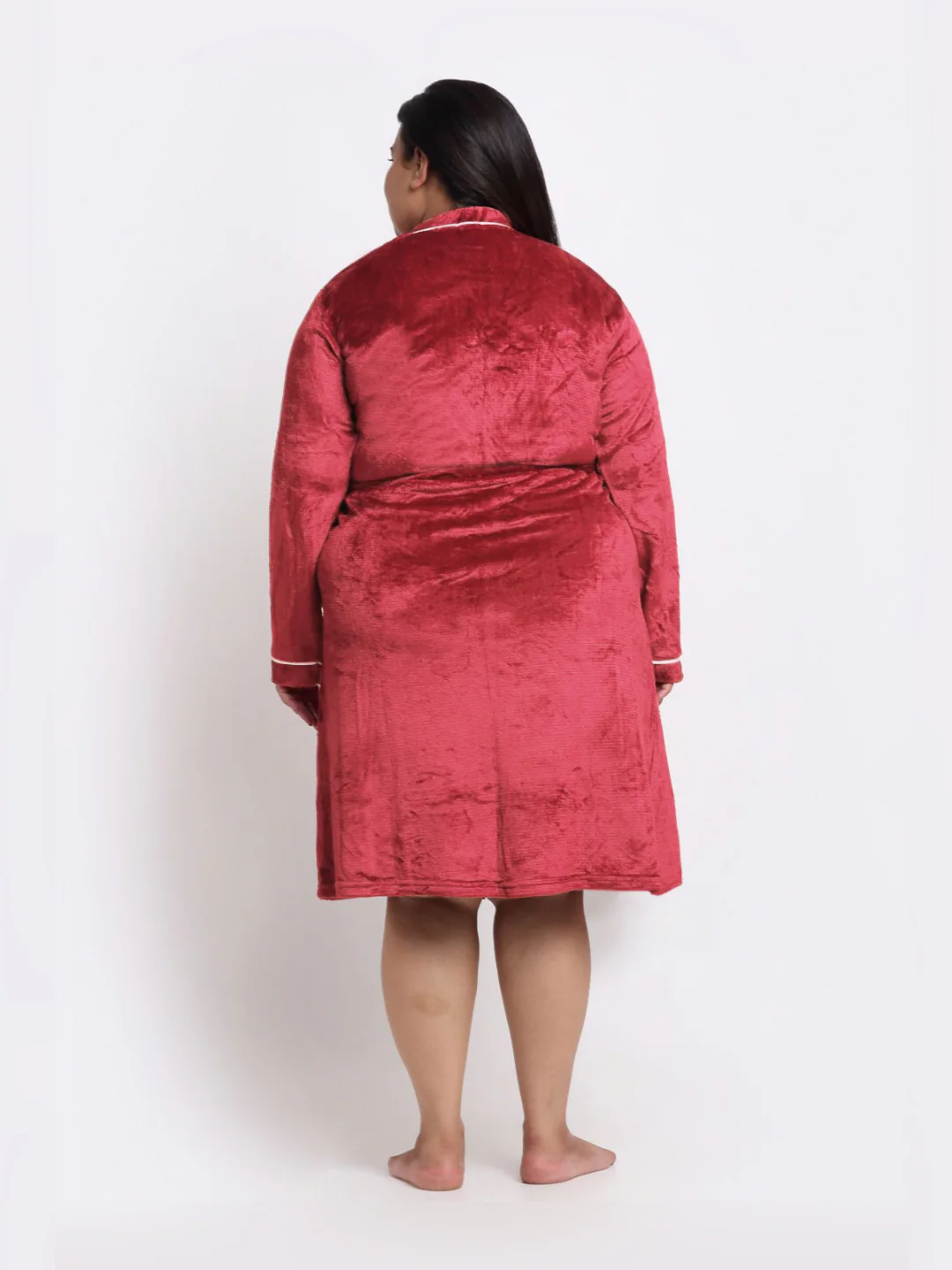 KLOTTHE Plus Size Red Woollen Long Sleeves Bath Robe With Belt - Image 3