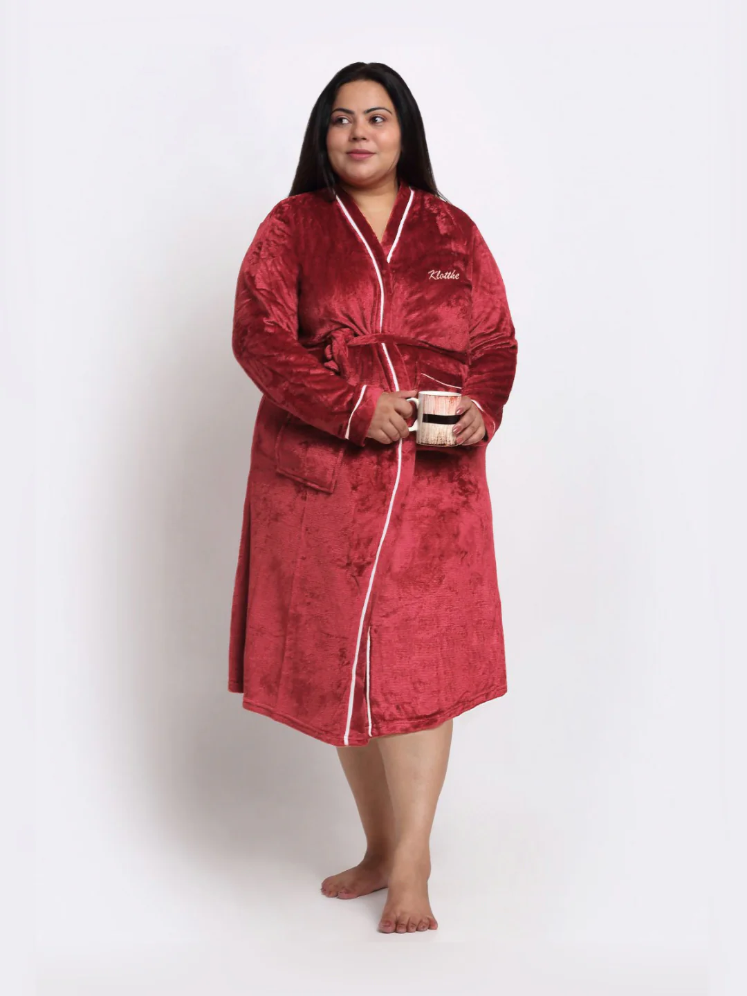 KLOTTHE Plus Size Red Woollen Long Sleeves Bath Robe With Belt - Image 5