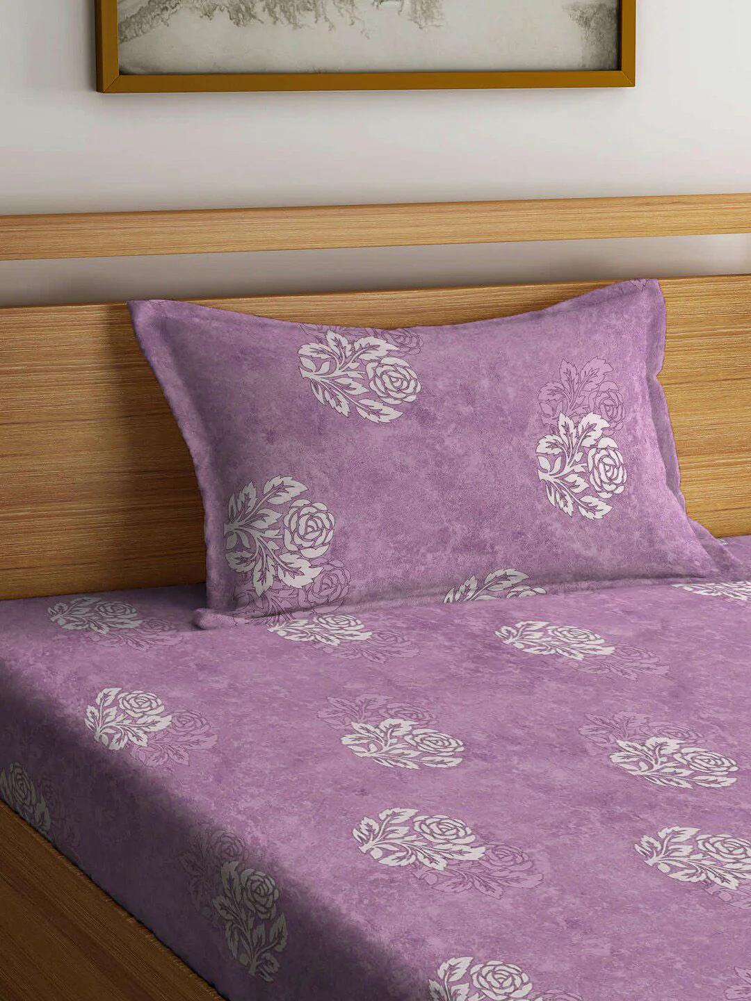 KLOTTHE Purple & White Floral-Printed 400TC Pure-Cotton Fitted Single Bedsheet Set - Image 3