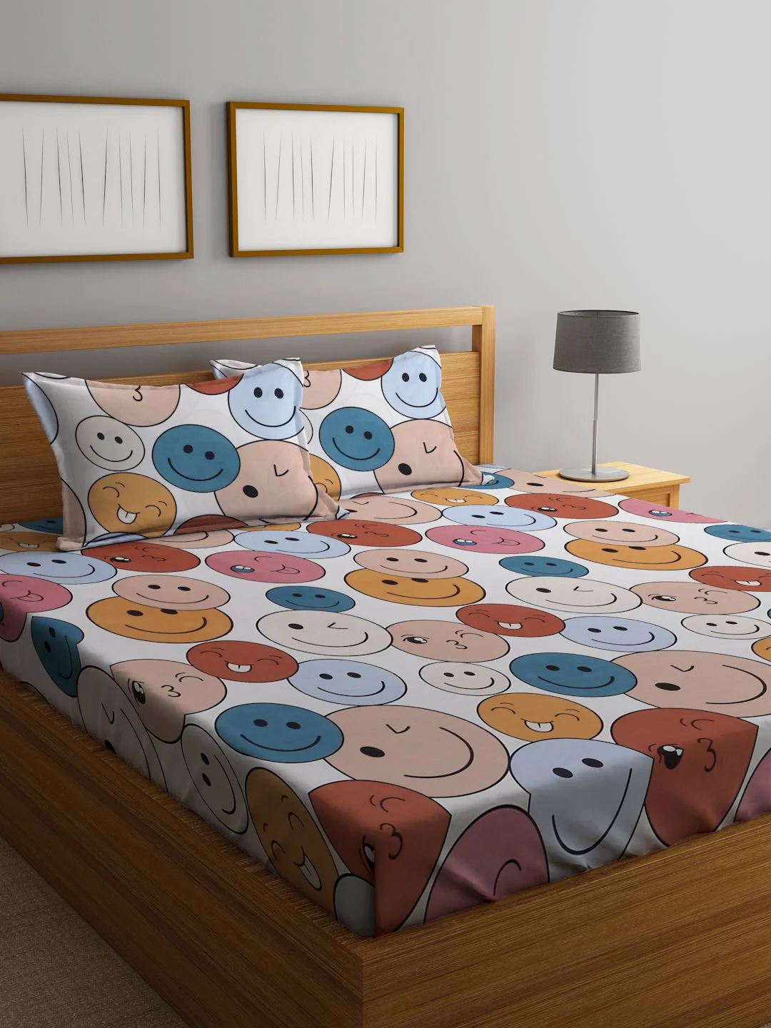 KLOTTHE White & Blue Cartoon Characters 300 TC Fitted King Bedsheet with 2 Pillow Covers
