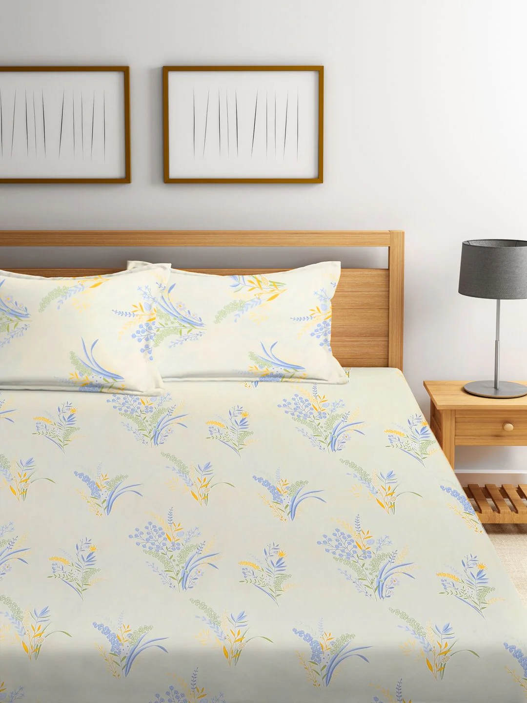 KLOTTHE White & Blue Floral Printed 300 TC Fitted King Bedsheet with 2 Pillow Covers - Image 2
