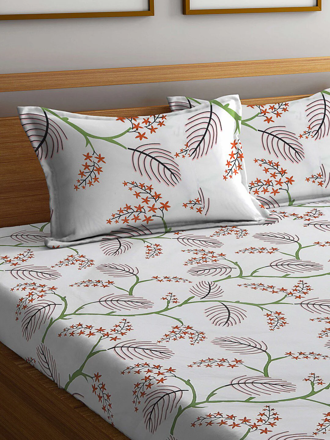KLOTTHE White & Brown Printed 300 TC Fitted Double Bed Bedsheet With 2 Pillow Covers - Image 3