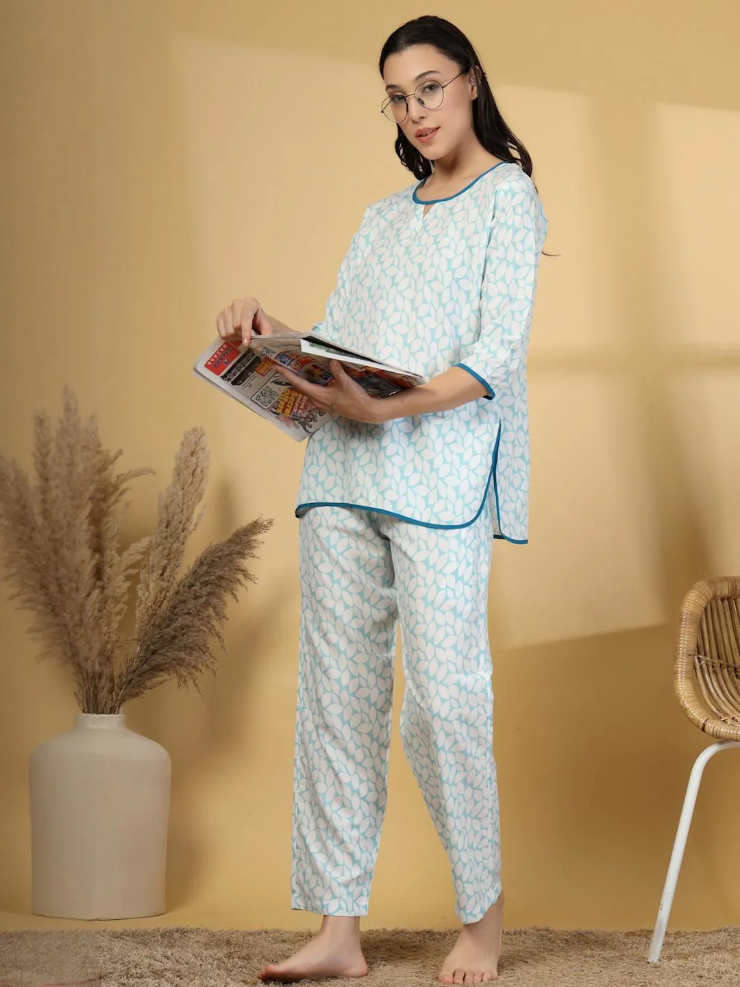 KLOTTHE Women Blue Floral Cotton Blend Night Suit - Image 6