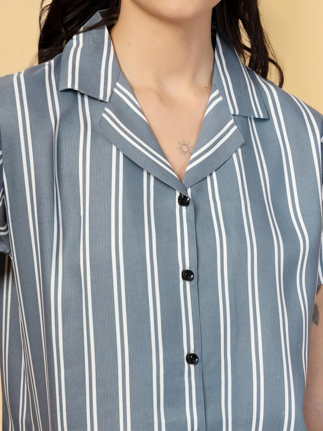 KLOTTHE Women Grey and White Striped Printed Lapel Collar Short Sleeves Night Suit - Image 2