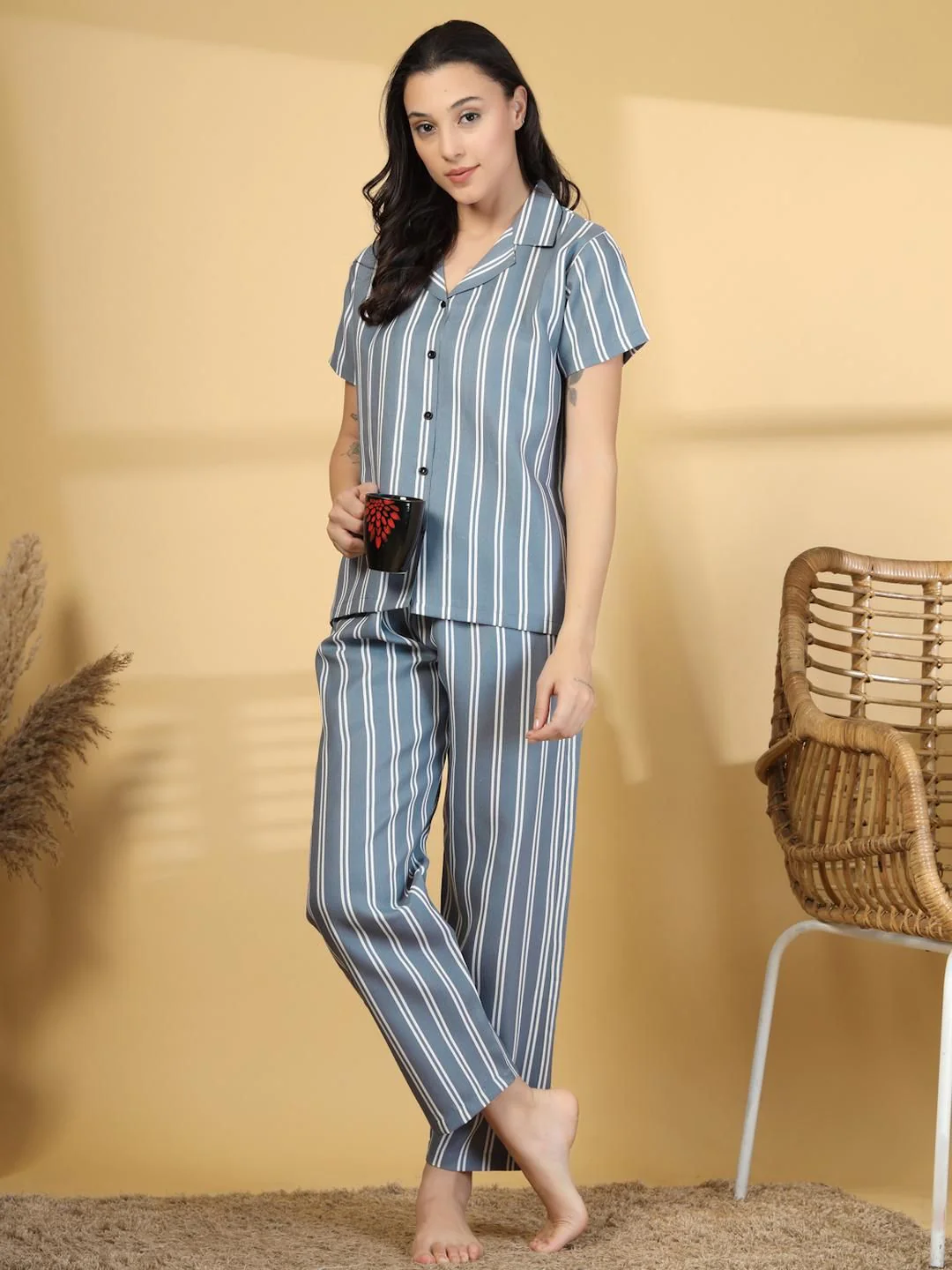 KLOTTHE Women Grey and White Striped Printed Lapel Collar Short Sleeves Night Suit - Image 6