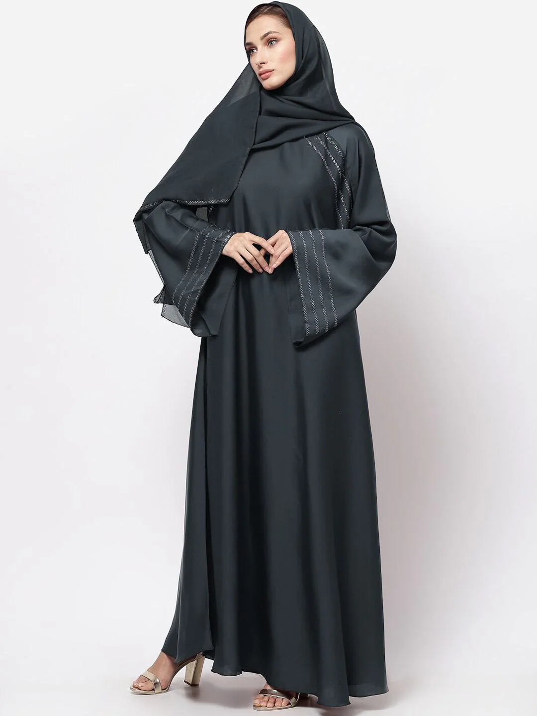 KLOTTHE Women Grey Embellished Burqa With Scarf - Image 5