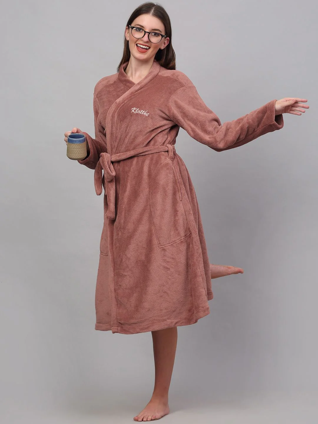 KLOTTHE Women Solid Woolen Bath Robe With Belt - Image 4