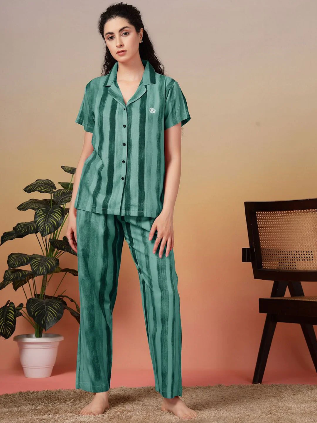 KLOTTHE Women Striped Lapel Collar Shirt Pyjamas Night suit