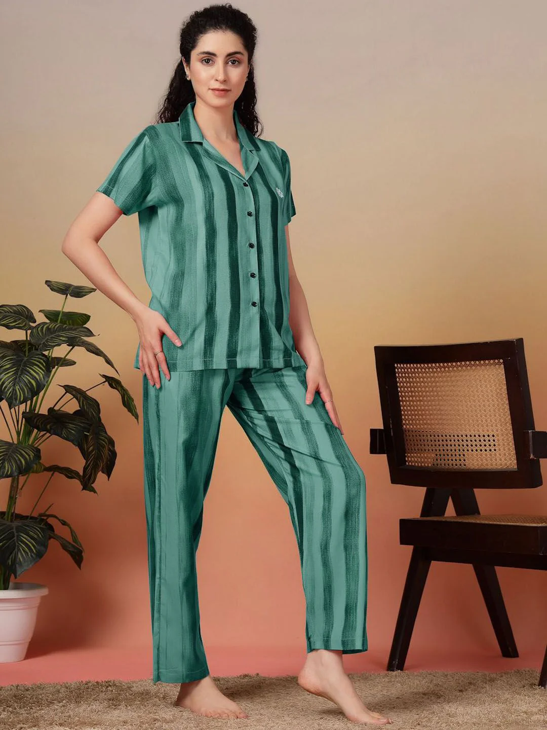 KLOTTHE Women Striped Lapel Collar Shirt Pyjamas Night suit - Image 5