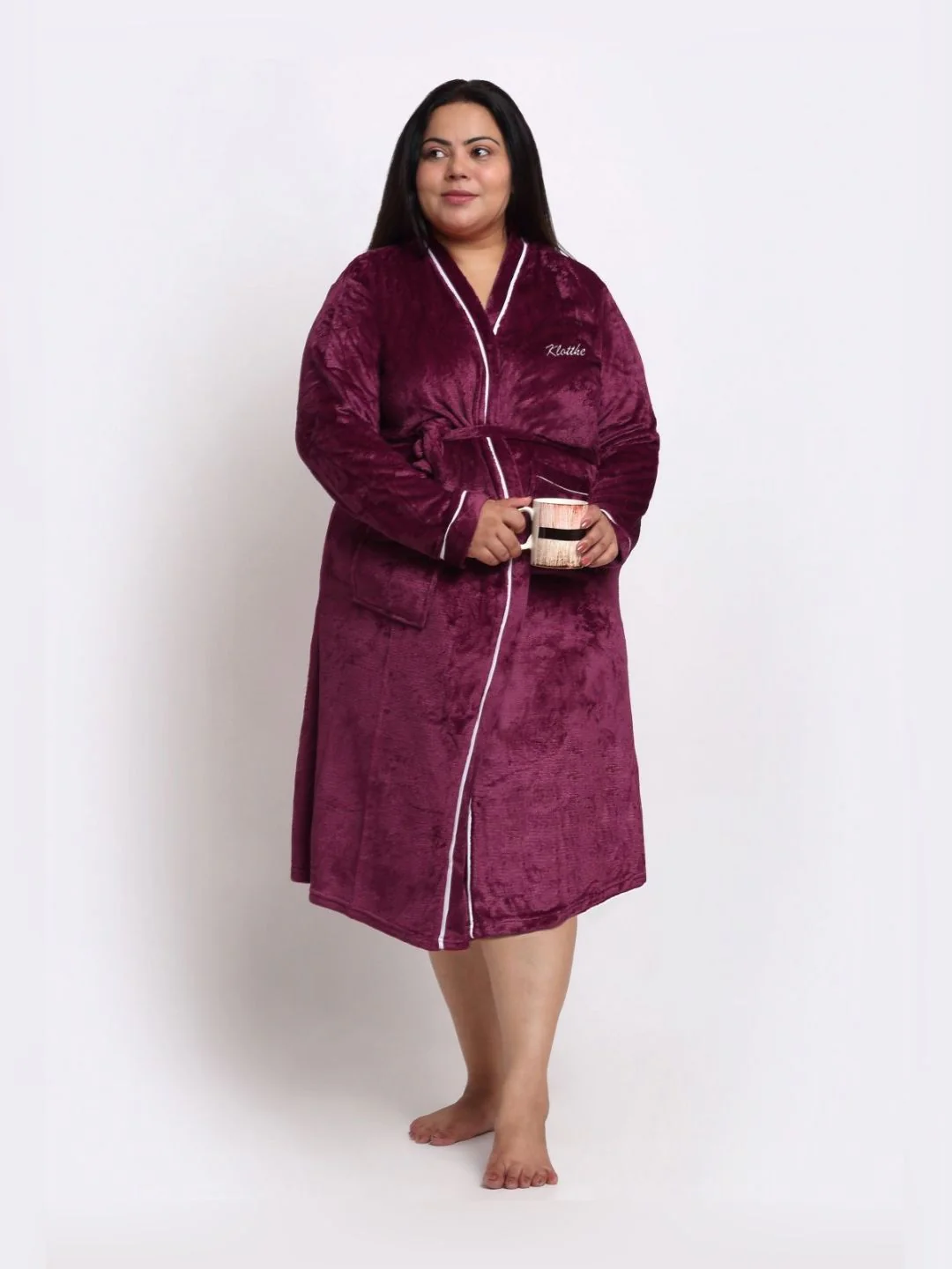KLOTTHE Woollen Plus Size Bath Robe With Belt - Image 4