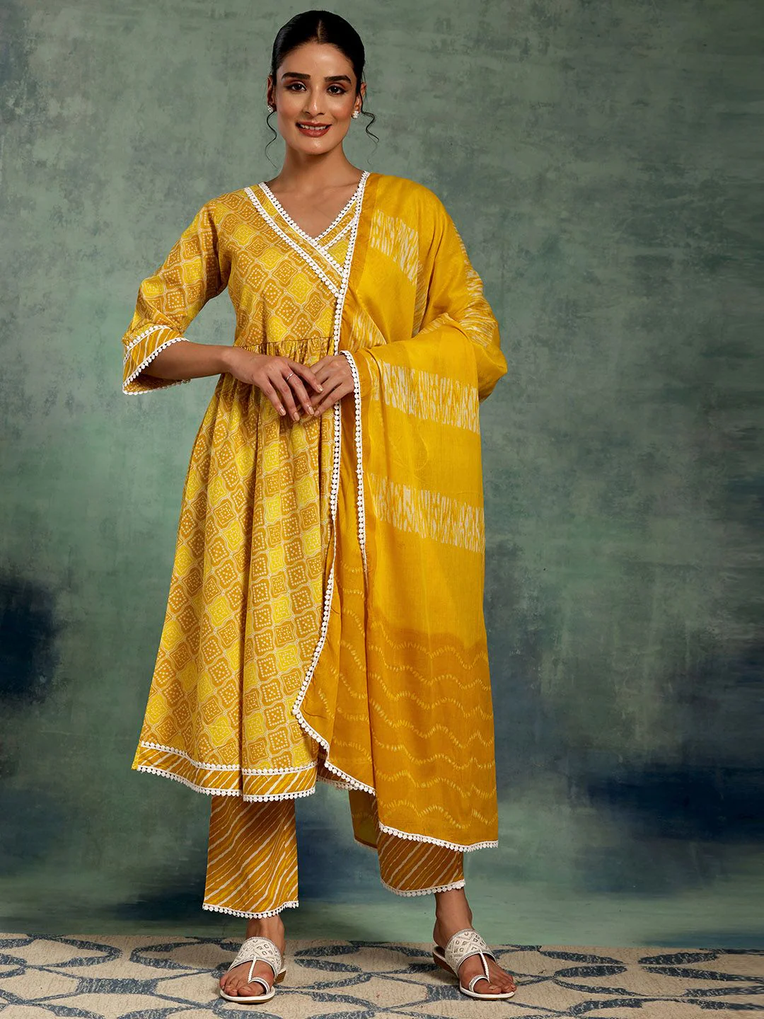 Libas Bandhani Printed Angrakha Pure Cotton Kurta with Palazzos & Dupatta - Image 4