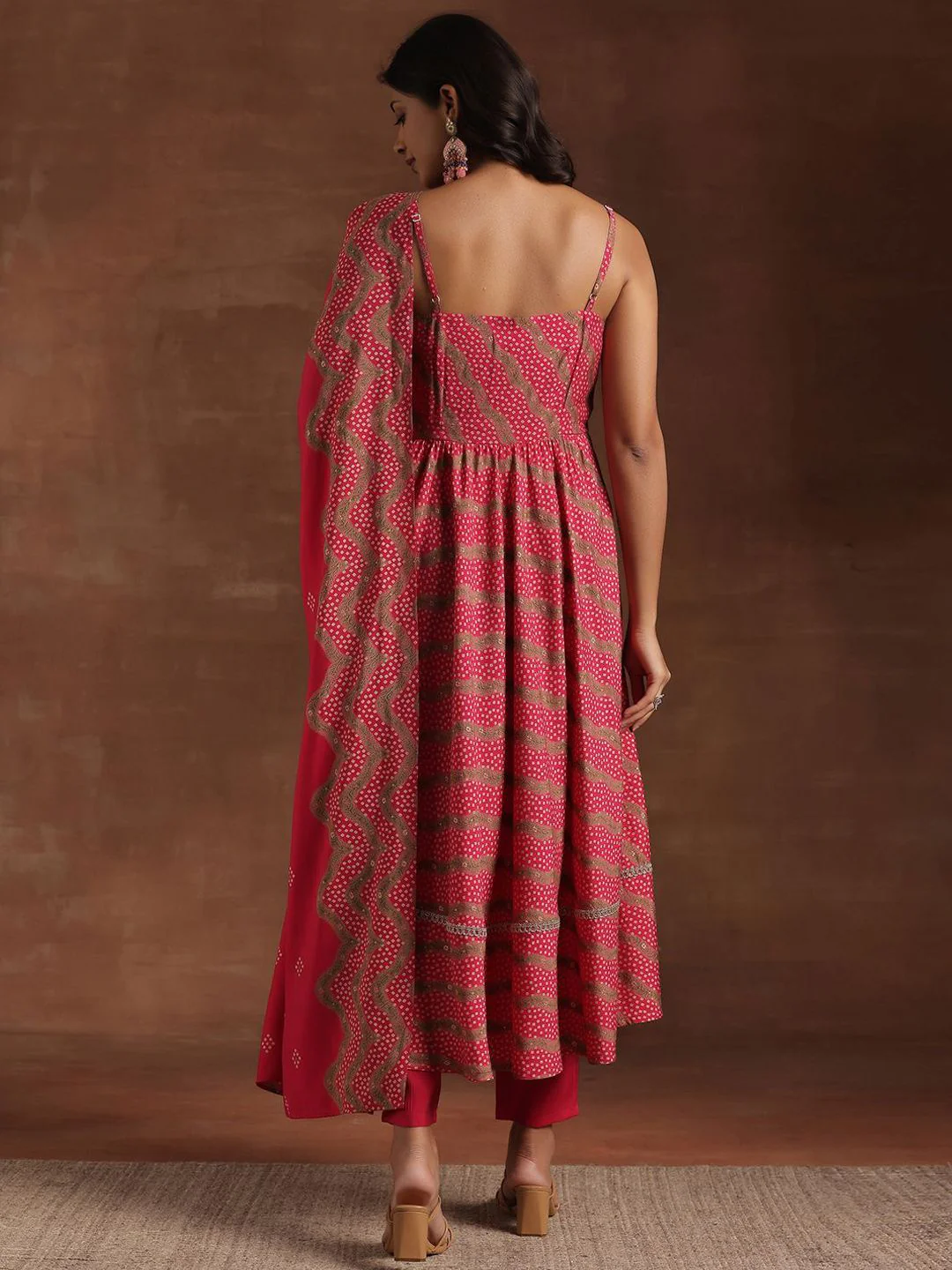 Libas Bandhani Printed Pleated Shoulder Straps Anarkali Kurta With Trouser & Dupatta - Image 6