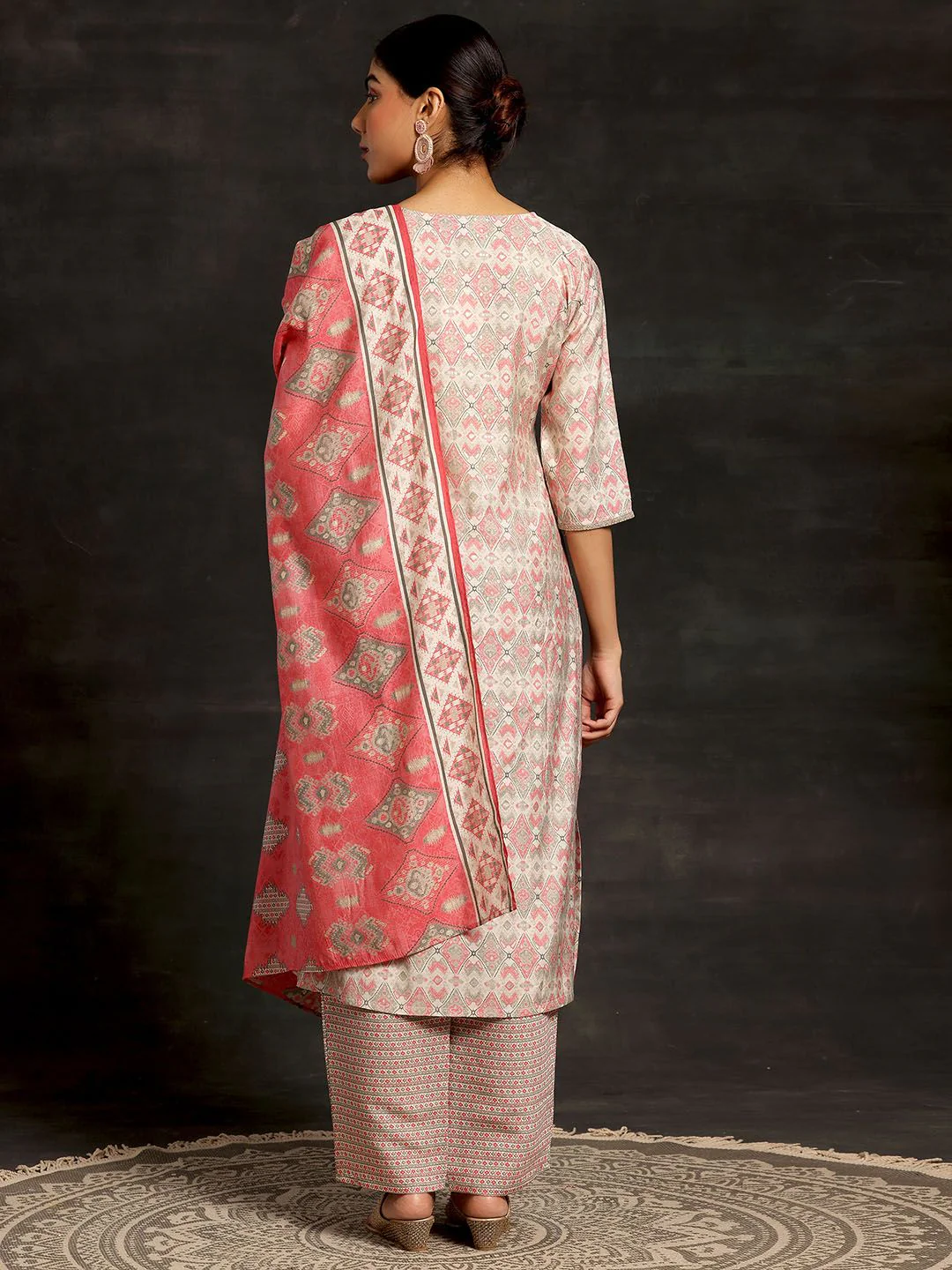 Libas Beige Ethnic Motifs Printed Sequinned Straight Kurta With Palazzos & Dupatta - Image 3